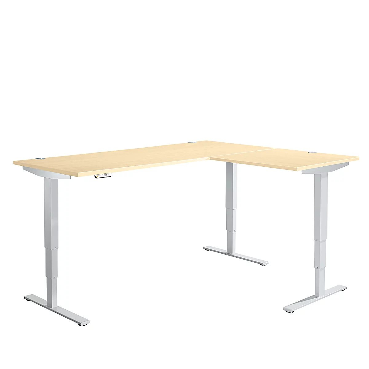 Winkelschreibtisch AERO FLEX, elektrisch höhenverstellbar, 90° Winkel, T-Fuß, B 2000 x T 1600 mm, Ahorn/weißalu + Memorypanel