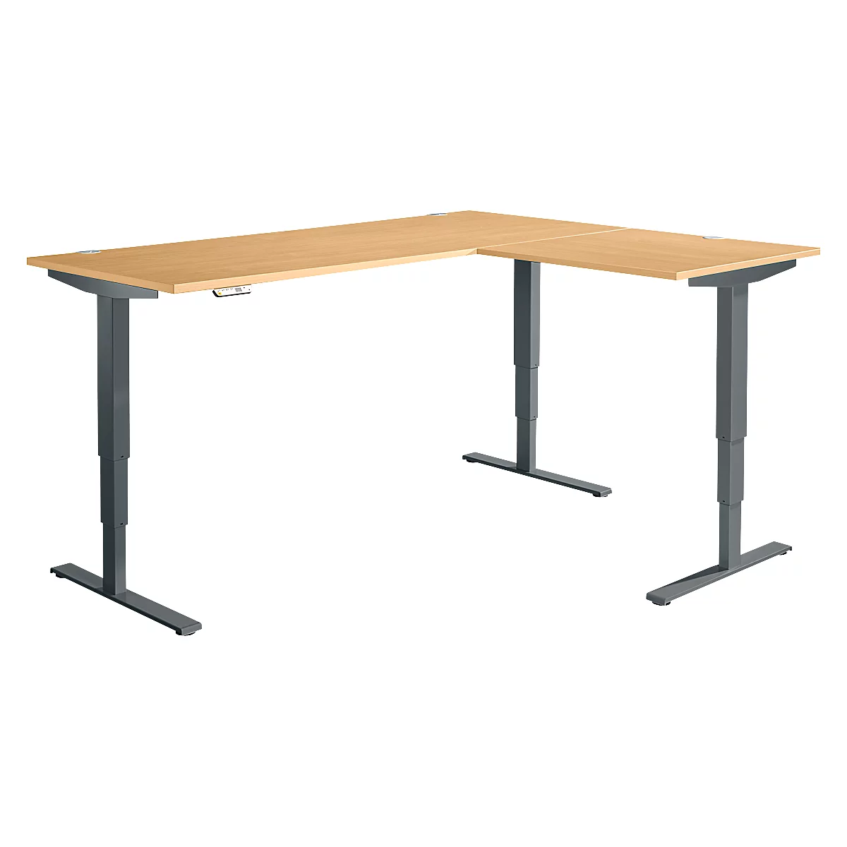 Winkelschreibtisch AERO FLEX, elektrisch höhenverstellbar, 90° Winkel, T-Fuß, B 2000 x T 1600 mm, Buche/anthrazit + Memorypanel