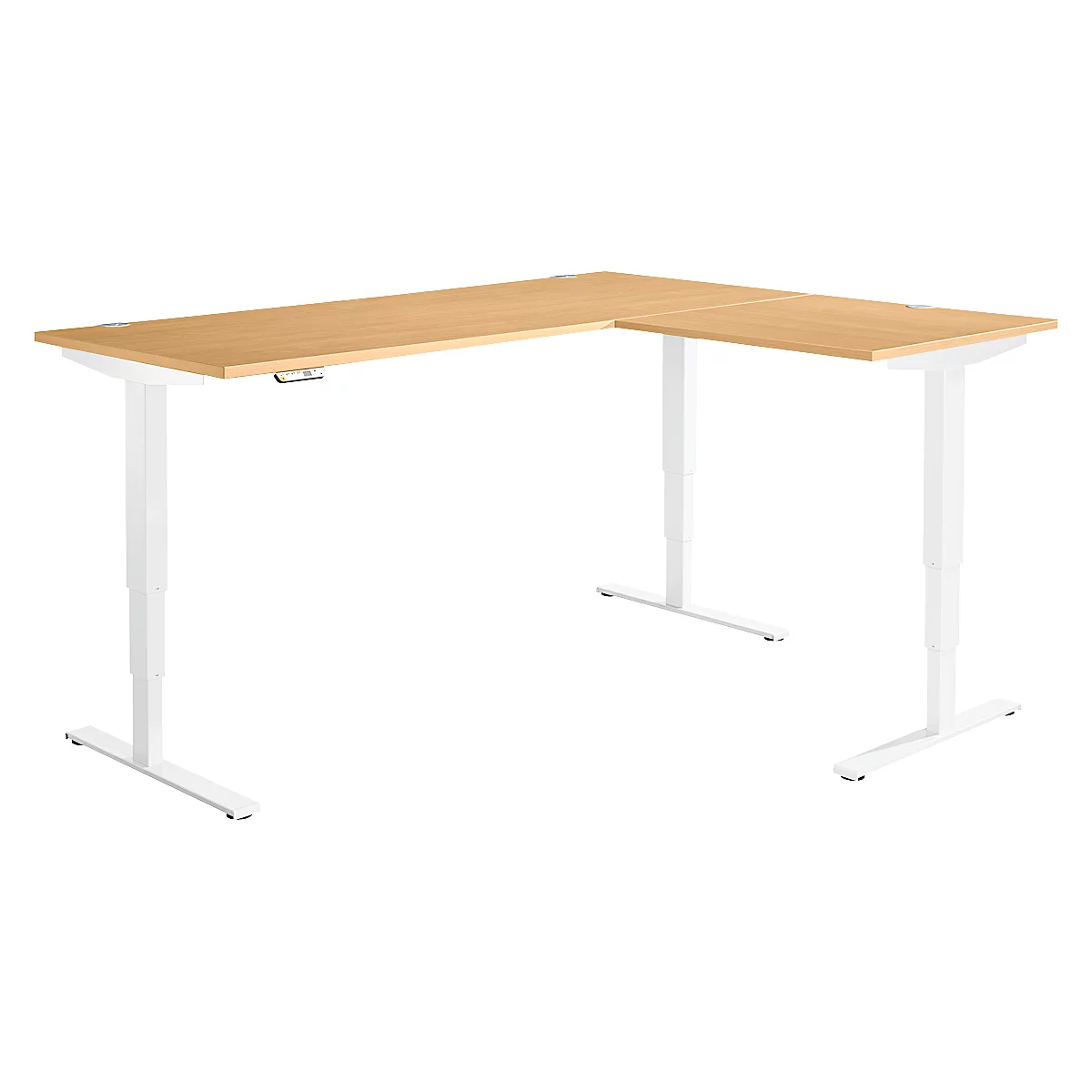 Winkelschreibtisch AERO FLEX, elektrisch höhenverstellbar, 90° Winkel, T-Fuß, B 2000 x T 1600 mm, Buche/weiß + Memorypanel
