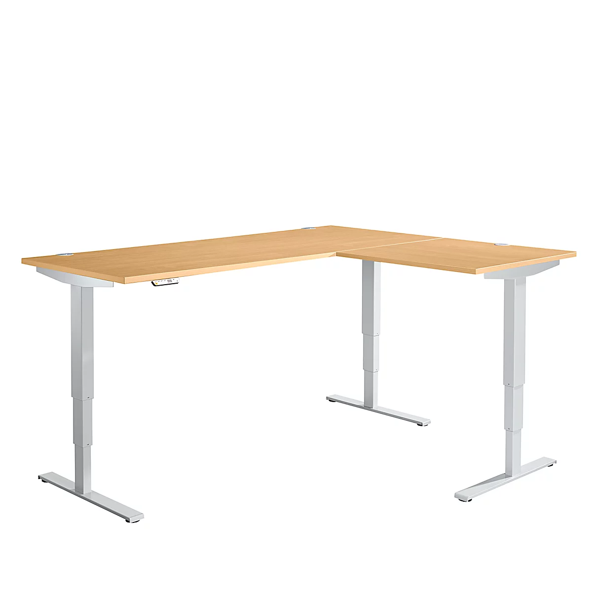 Winkelschreibtisch AERO FLEX, elektrisch höhenverstellbar, 90° Winkel, T-Fuß, B 2000 x T 1600 mm, Buche/weißalu + Memorypanel