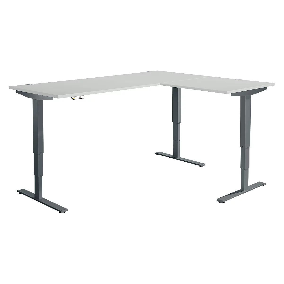 Winkelschreibtisch AERO FLEX, elektrisch höhenverstellbar, 90° Winkel, T-Fuß, B 2000 x T 1600 mm, lichtgrau/anthrazit + Memorypanel