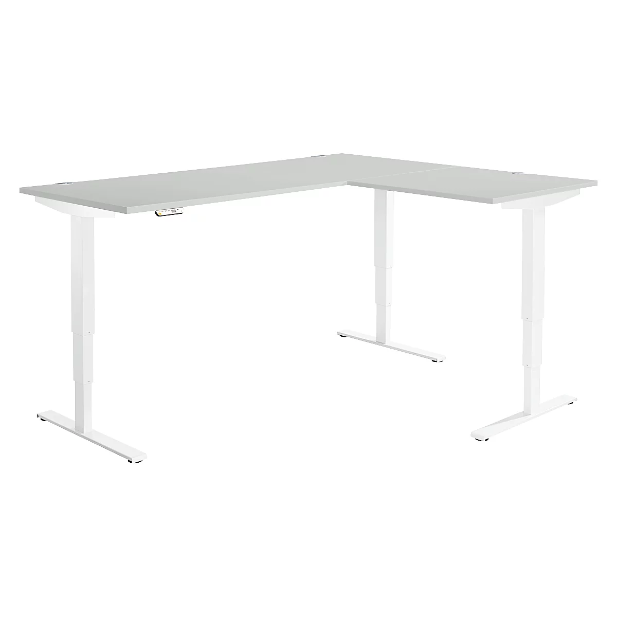 Winkelschreibtisch AERO FLEX, elektrisch höhenverstellbar, 90° Winkel, T-Fuß, B 2000 x T 1600 mm, lichtgrau/weiß + Memorypanel