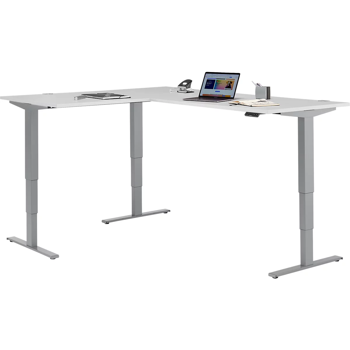 Winkelschreibtisch AERO FLEX, elektrisch höhenverstellbar, 90° Winkel, T-Fuß, B 2000 x T 1600 mm, lichtgrau/weißalu + Memorypanel