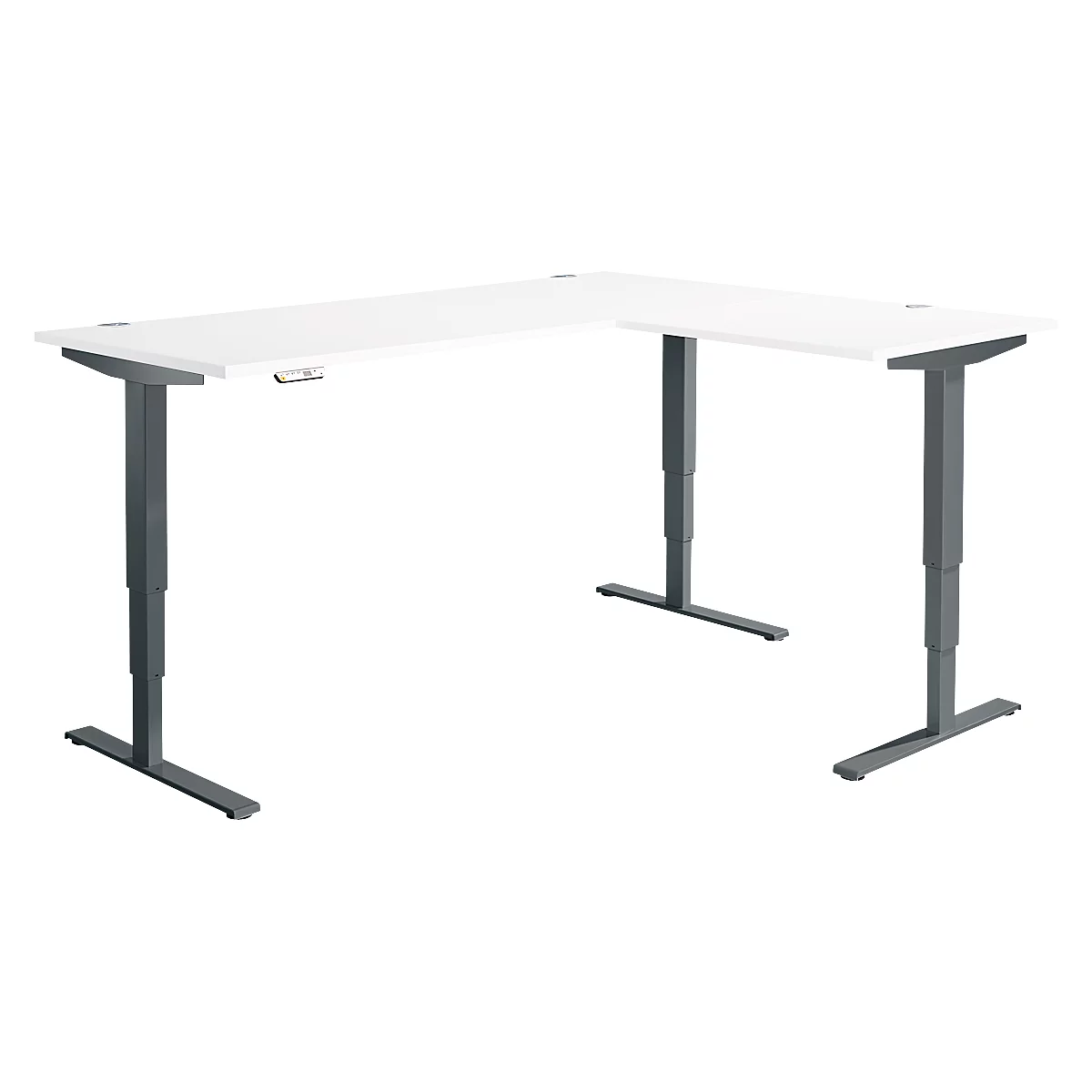 Winkelschreibtisch AERO FLEX, elektrisch höhenverstellbar, 90° Winkel, T-Fuß, B 2000 x T 1600 mm, weiß/anthrazit + Memorypanel