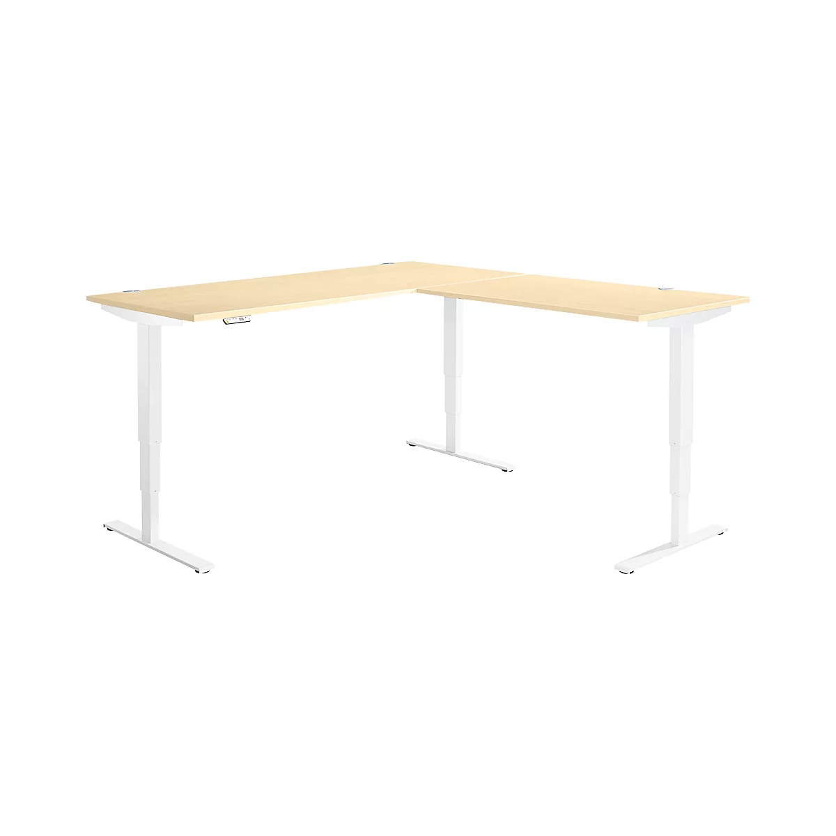 Winkelschreibtisch AERO FLEX, elektrisch höhenverstellbar, 90° Winkel, T-Fuß, B 2000 x T 2000 mm, Ahorn/weiß + Memorypanel