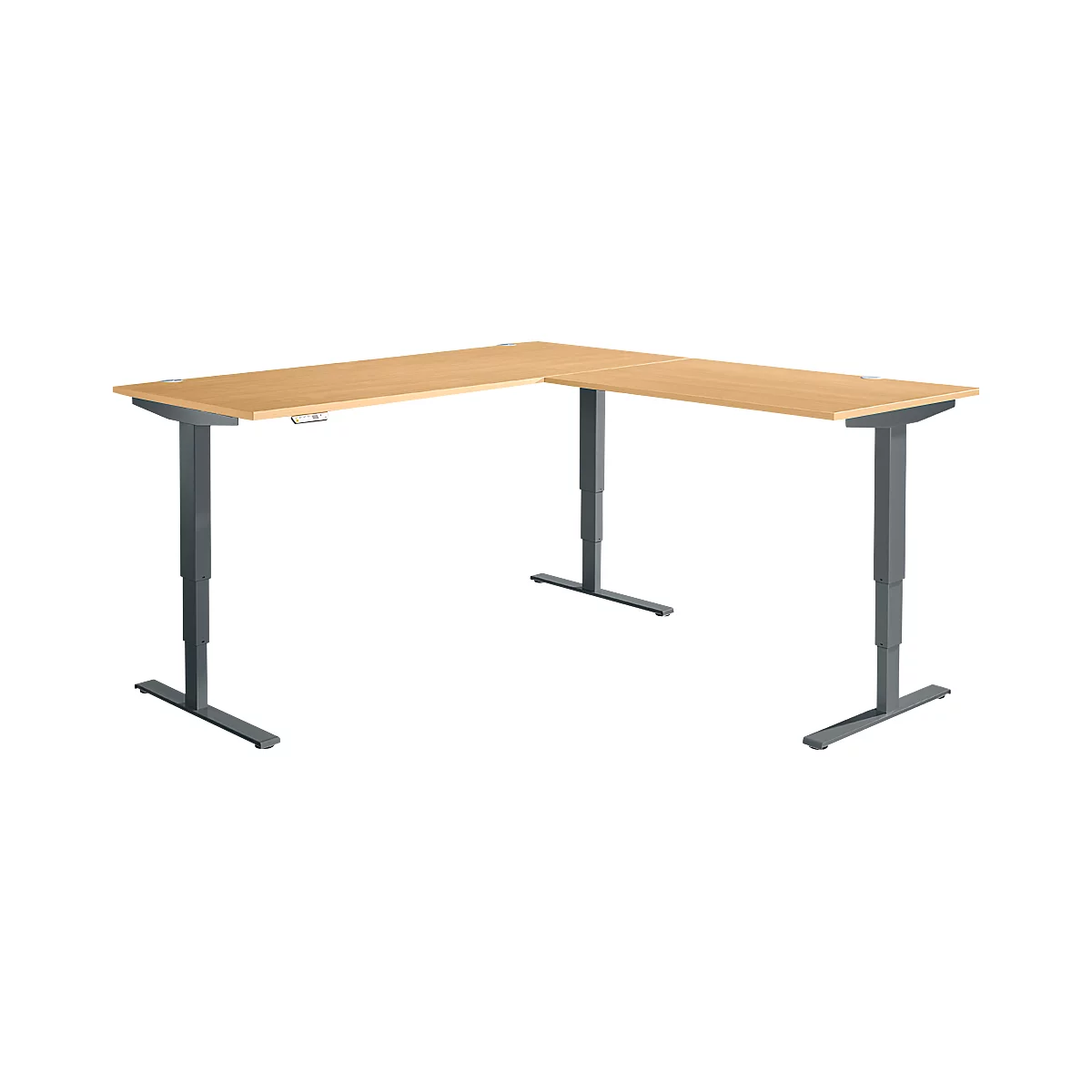 Winkelschreibtisch AERO FLEX, elektrisch höhenverstellbar, 90° Winkel, T-Fuß, B 2000 x T 2000 mm, Buche/anthrazit + Memorypanel