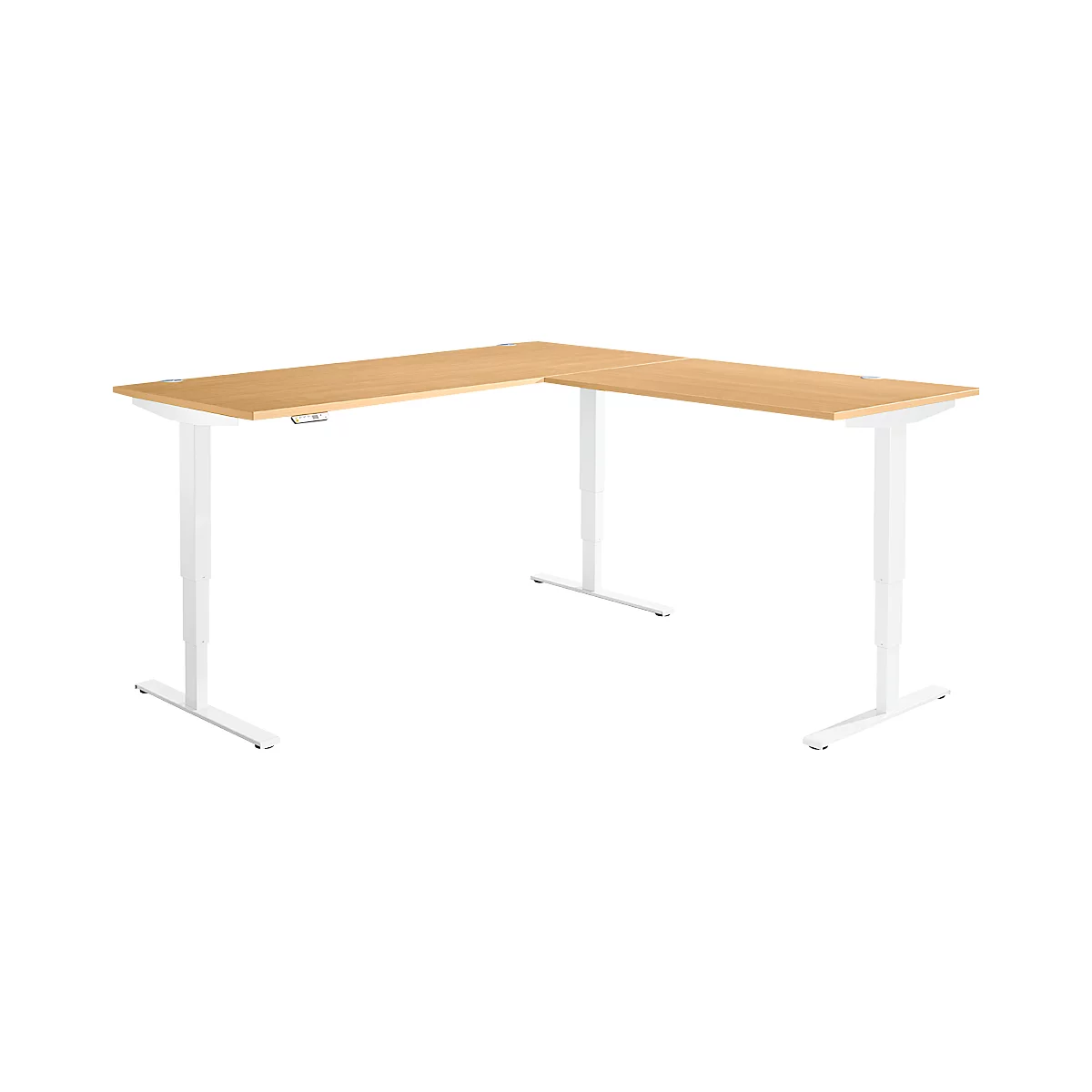 Winkelschreibtisch AERO FLEX, elektrisch höhenverstellbar, 90° Winkel, T-Fuß, B 2000 x T 2000 mm, Buche/weiß + Memorypanel