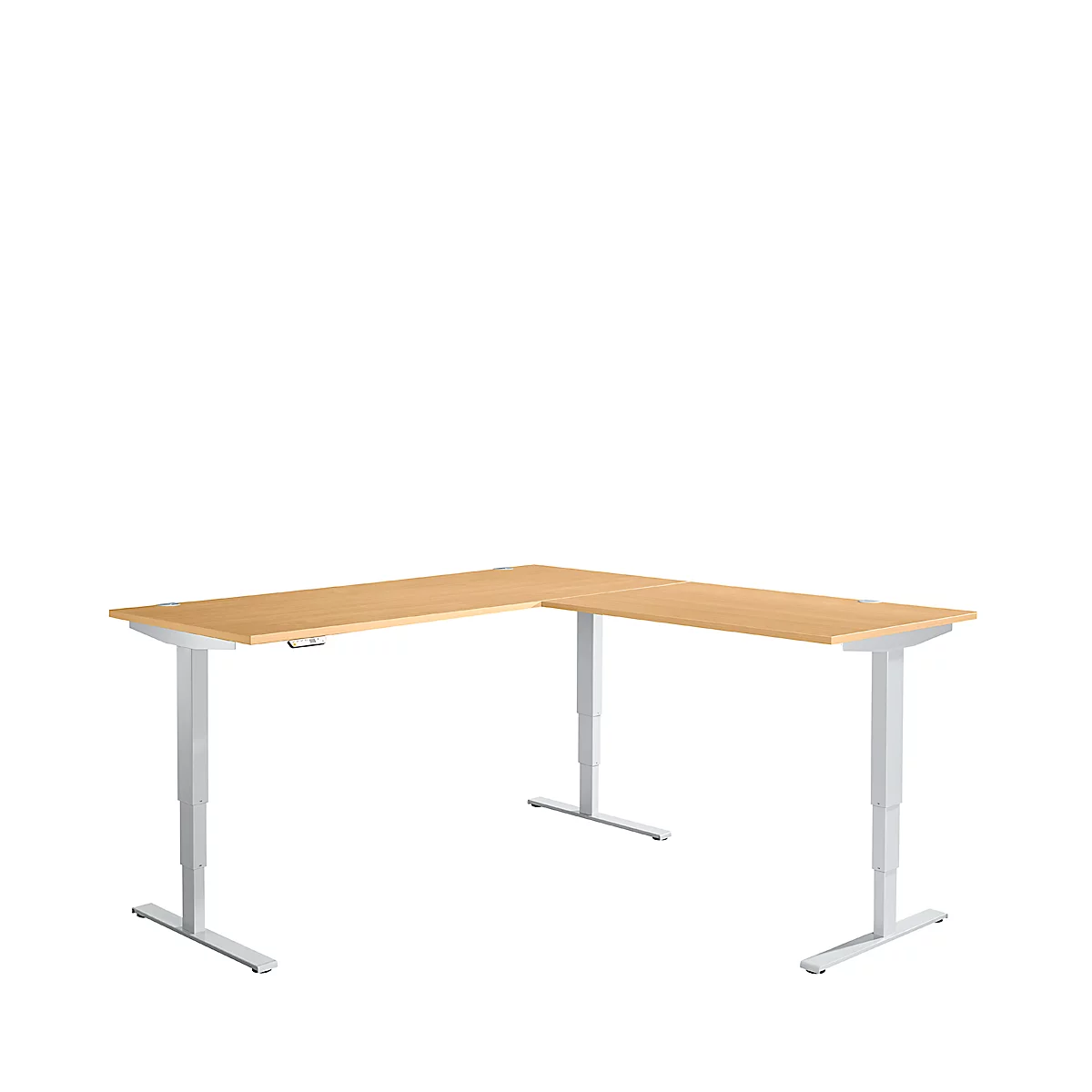 Winkelschreibtisch AERO FLEX, elektrisch höhenverstellbar, 90° Winkel, T-Fuß, B 2000 x T 2000 mm, Buche/weißalu + Memorypanel