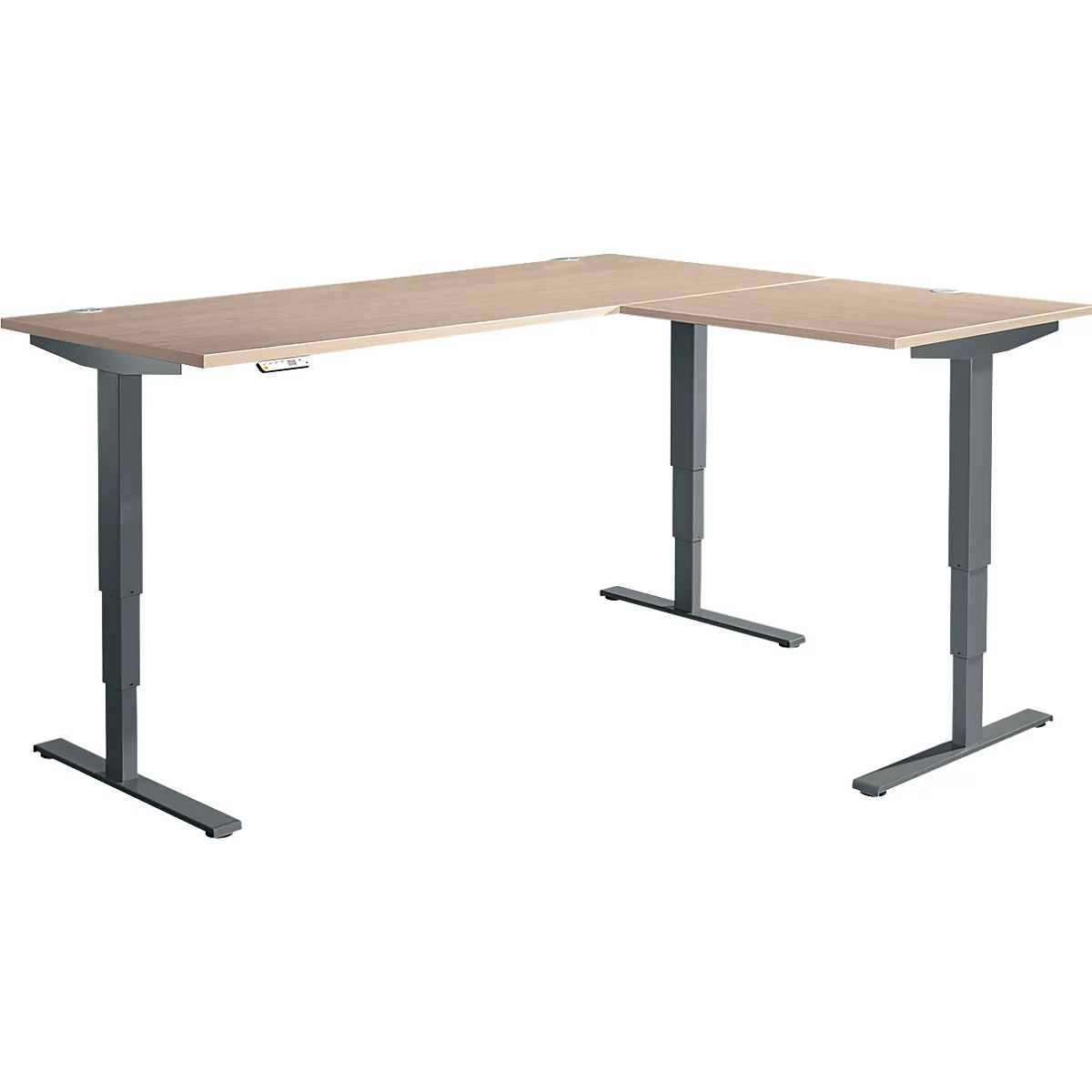 Winkelschreibtisch AERO FLEX, elektrisch höhenverstellbar, 90° Winkel, T-Fuß, B 2000 x T 2000 mm, Eiche/anthrazit + Memorypanel