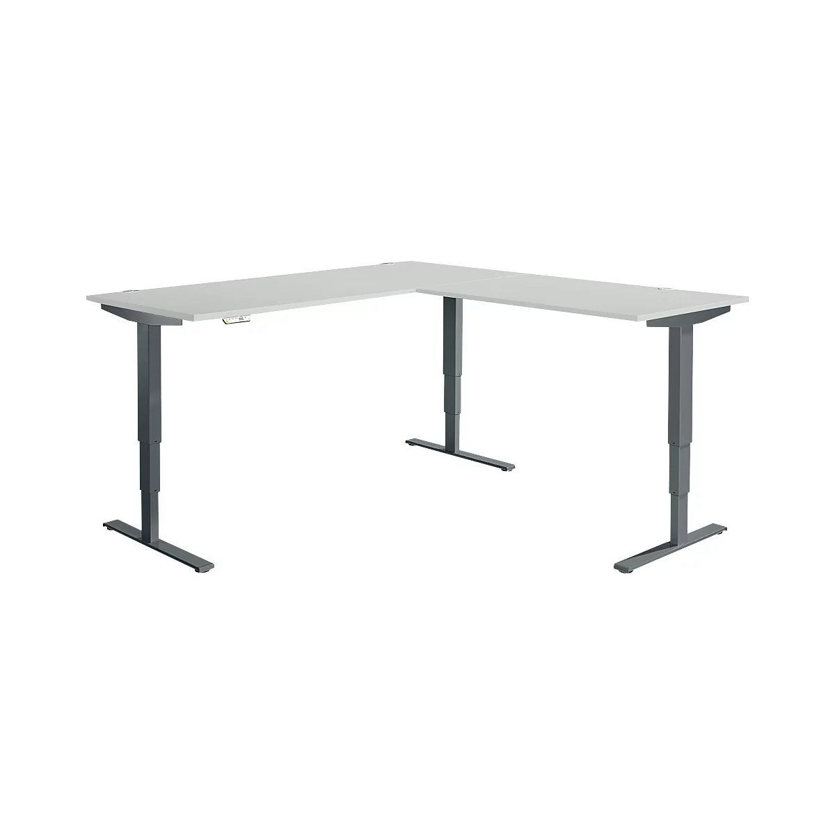 Winkelschreibtisch AERO FLEX, elektrisch höhenverstellbar, 90° Winkel, T-Fuß, B 2000 x T 2000 mm, lichtgrau/anthrazit + Memorypanel