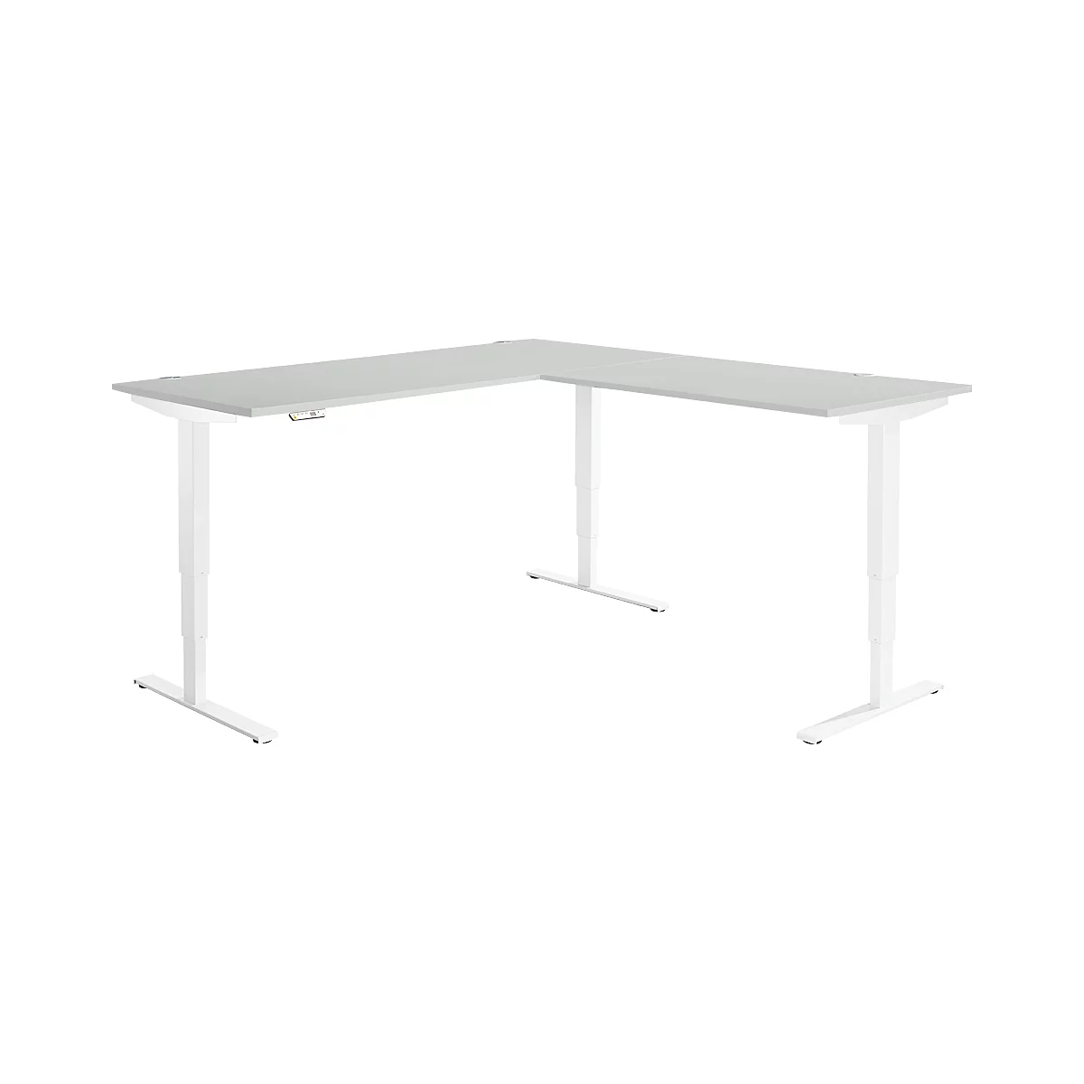 Winkelschreibtisch AERO FLEX, elektrisch höhenverstellbar, 90° Winkel, T-Fuß, B 2000 x T 2000 mm, lichtgrau/weiß + Memorypanel