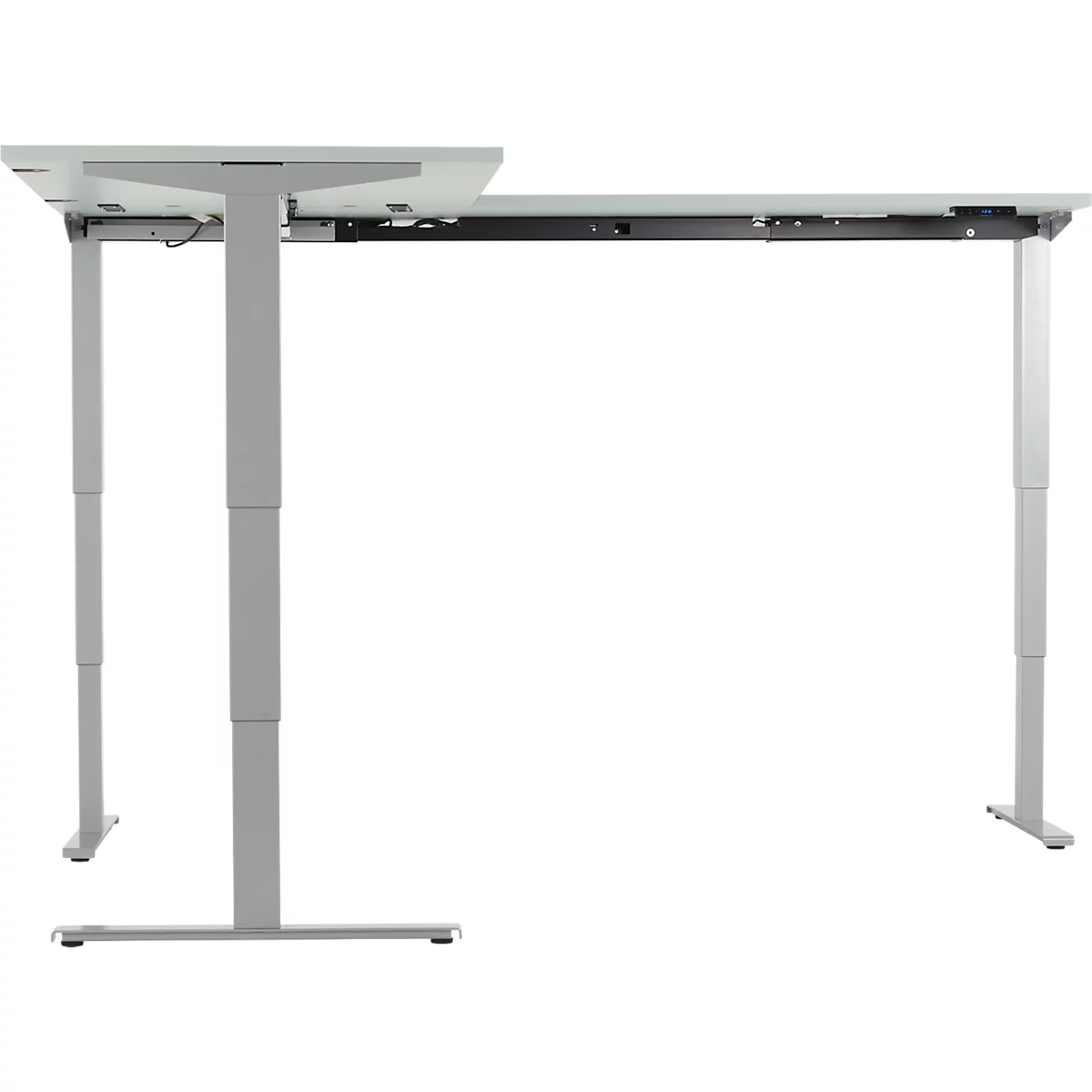Winkelschreibtisch AERO FLEX, elektrisch höhenverstellbar, 90° Winkel, T-Fuß, B 2000 x T 2000 mm, lichtgrau/weißalu + Memorypanel