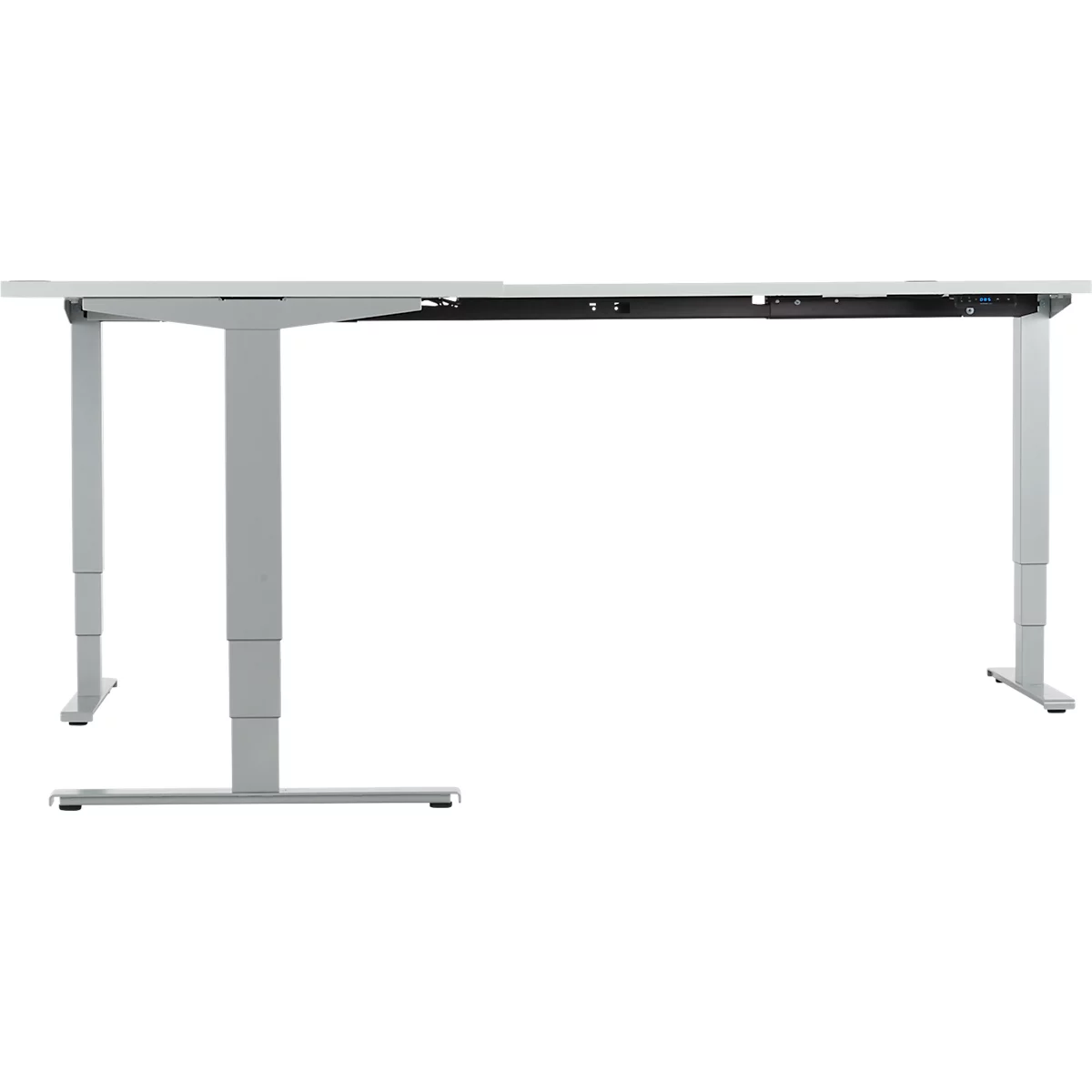 Winkelschreibtisch AERO FLEX, elektrisch höhenverstellbar, 90° Winkel, T-Fuß, B 2000 x T 2000 mm, lichtgrau/weißalu + Memorypanel