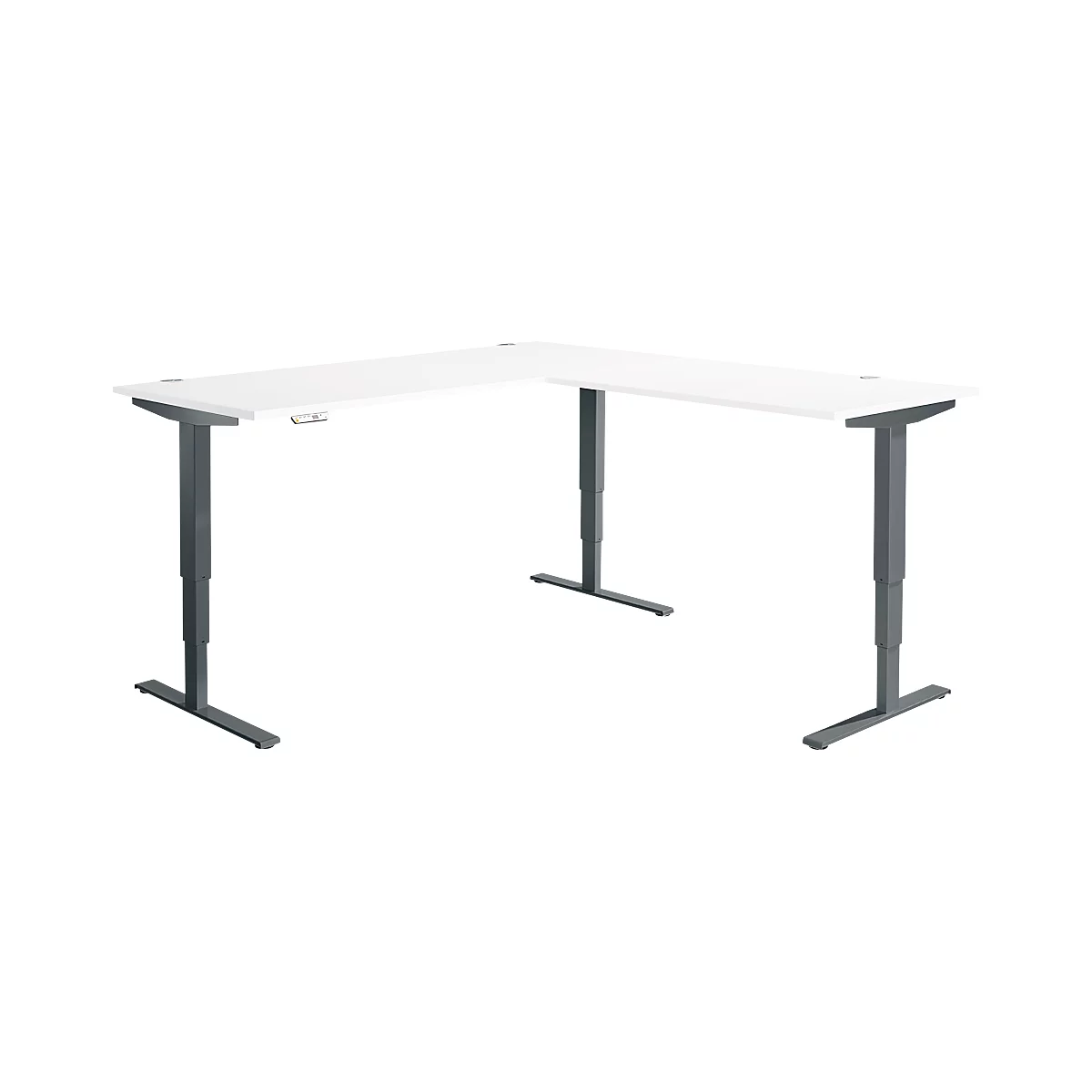 Winkelschreibtisch AERO FLEX, elektrisch höhenverstellbar, 90° Winkel, T-Fuß, B 2000 x T 2000 mm, weiß/anthrazit + Memorypanel