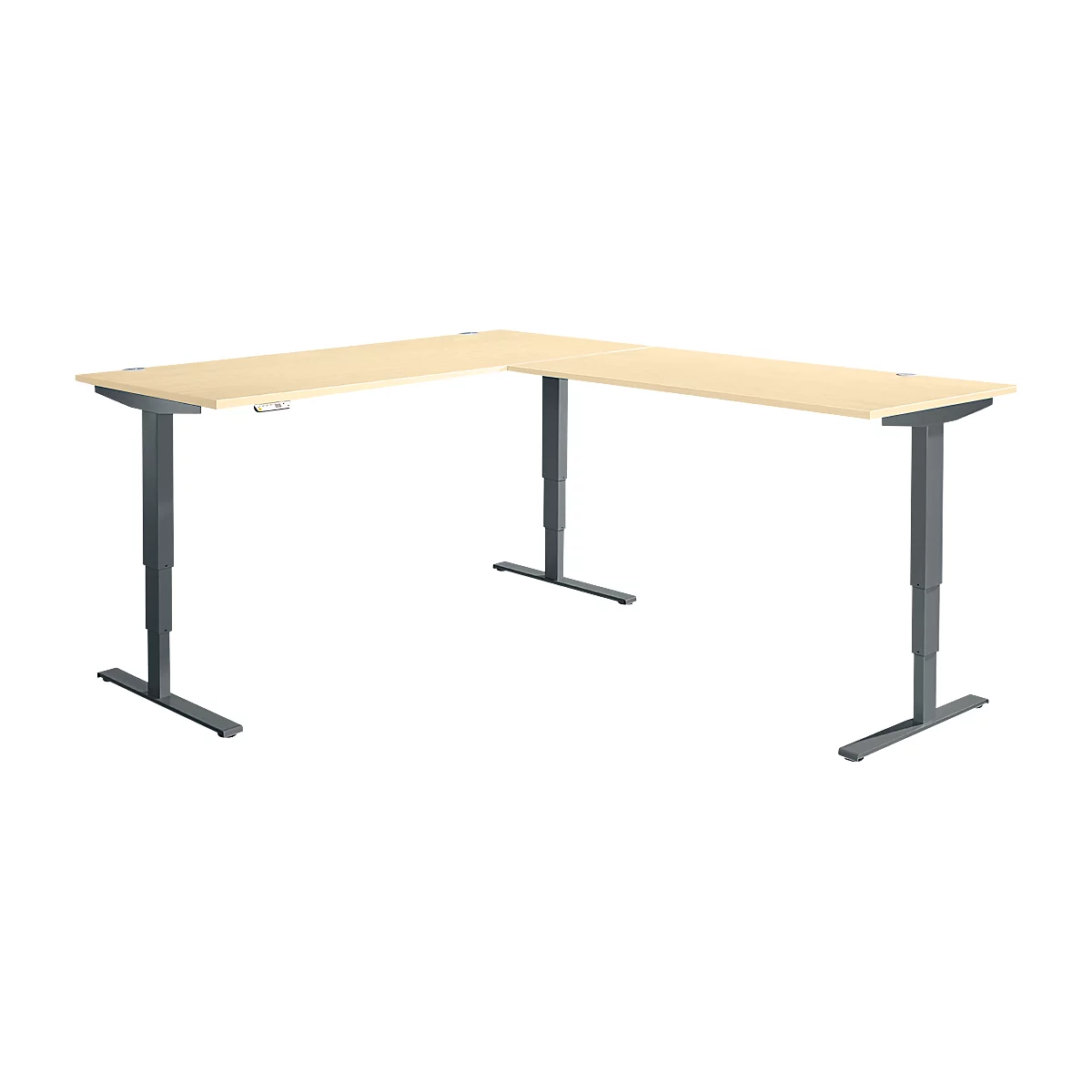 Winkelschreibtisch AERO FLEX, elektrisch höhenverstellbar, 90° Winkel, T-Fuß, B 2000 x T 2400 mm, Ahorn/anthrazit + Memorypanel