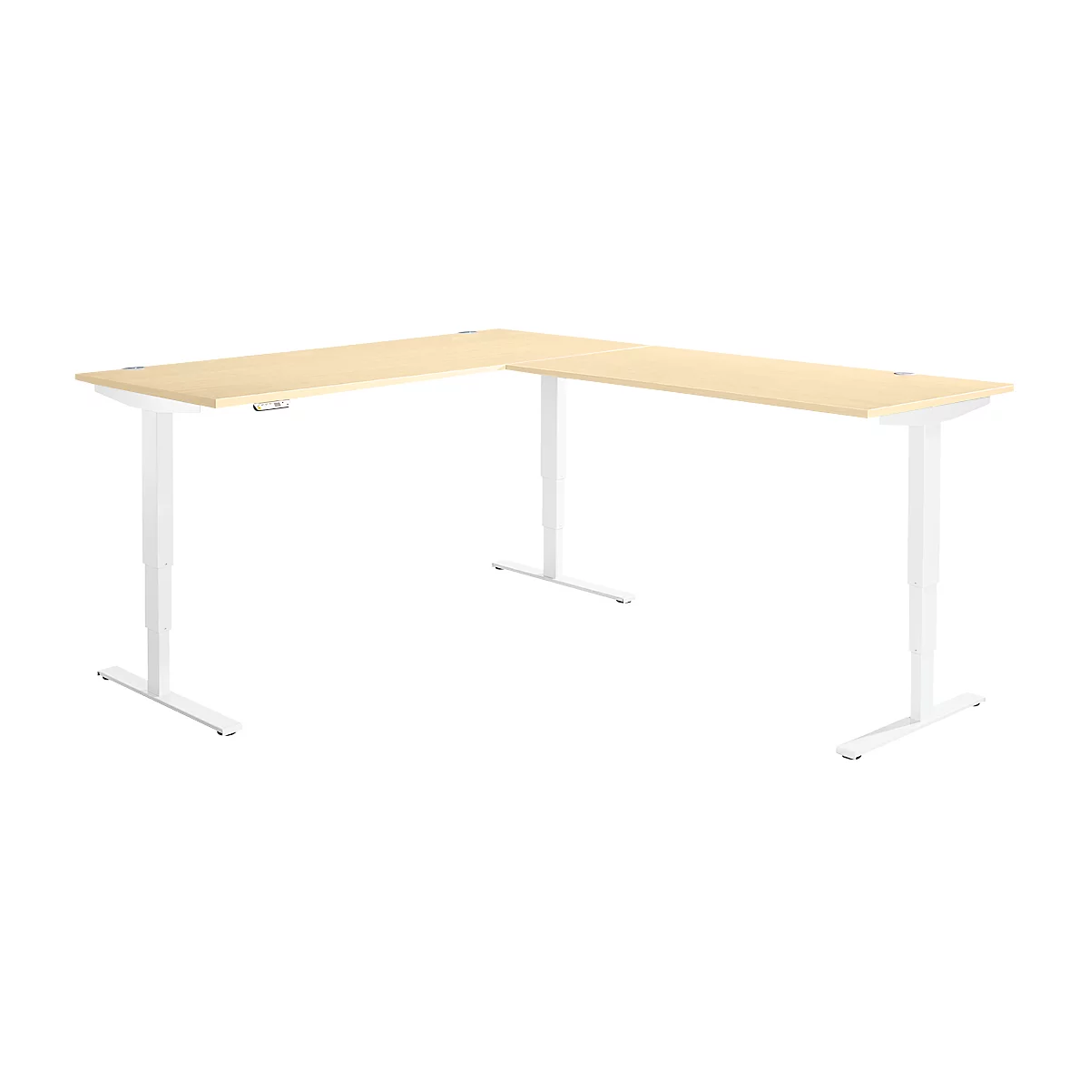 Winkelschreibtisch AERO FLEX, elektrisch höhenverstellbar, 90° Winkel, T-Fuß, B 2000 x T 2400 mm, Ahorn/weiß + Memorypanel