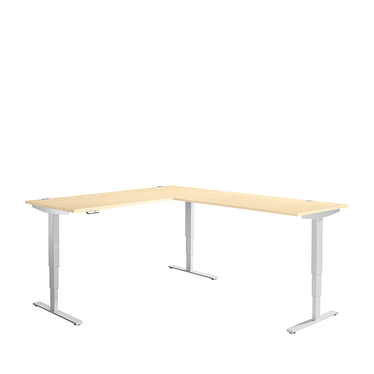 Winkelschreibtisch AERO FLEX, elektrisch höhenverstellbar, 90° Winkel, T-Fuß, B 2000 x T 2400 mm, Ahorn/weißalu + Memorypanel