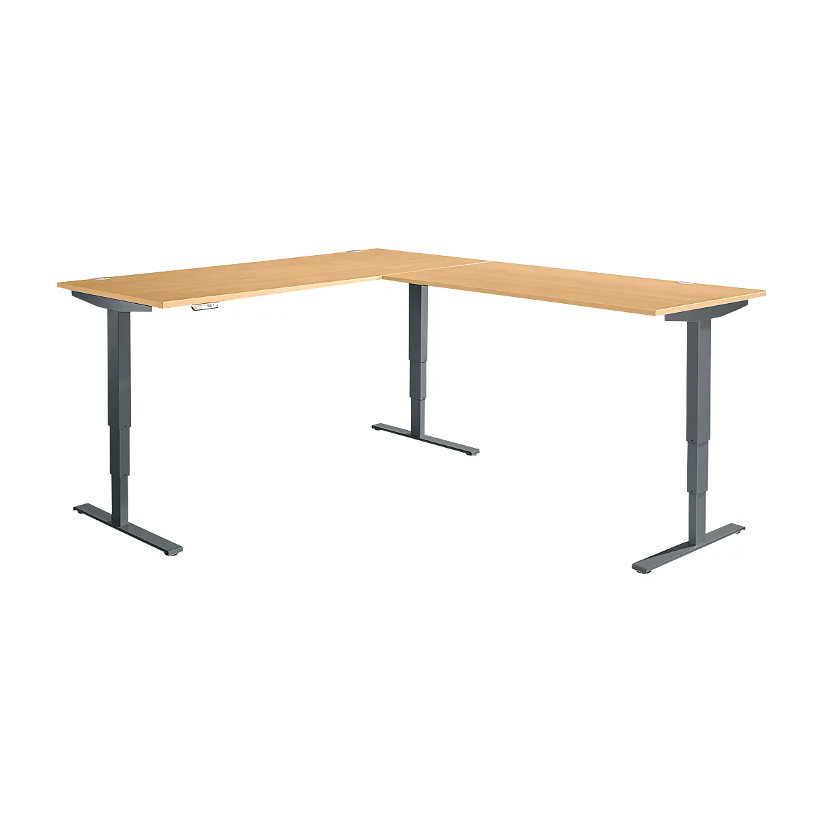 Winkelschreibtisch AERO FLEX, elektrisch höhenverstellbar, 90° Winkel, T-Fuß, B 2000 x T 2400 mm, Buche/anthrazit + Memorypanel