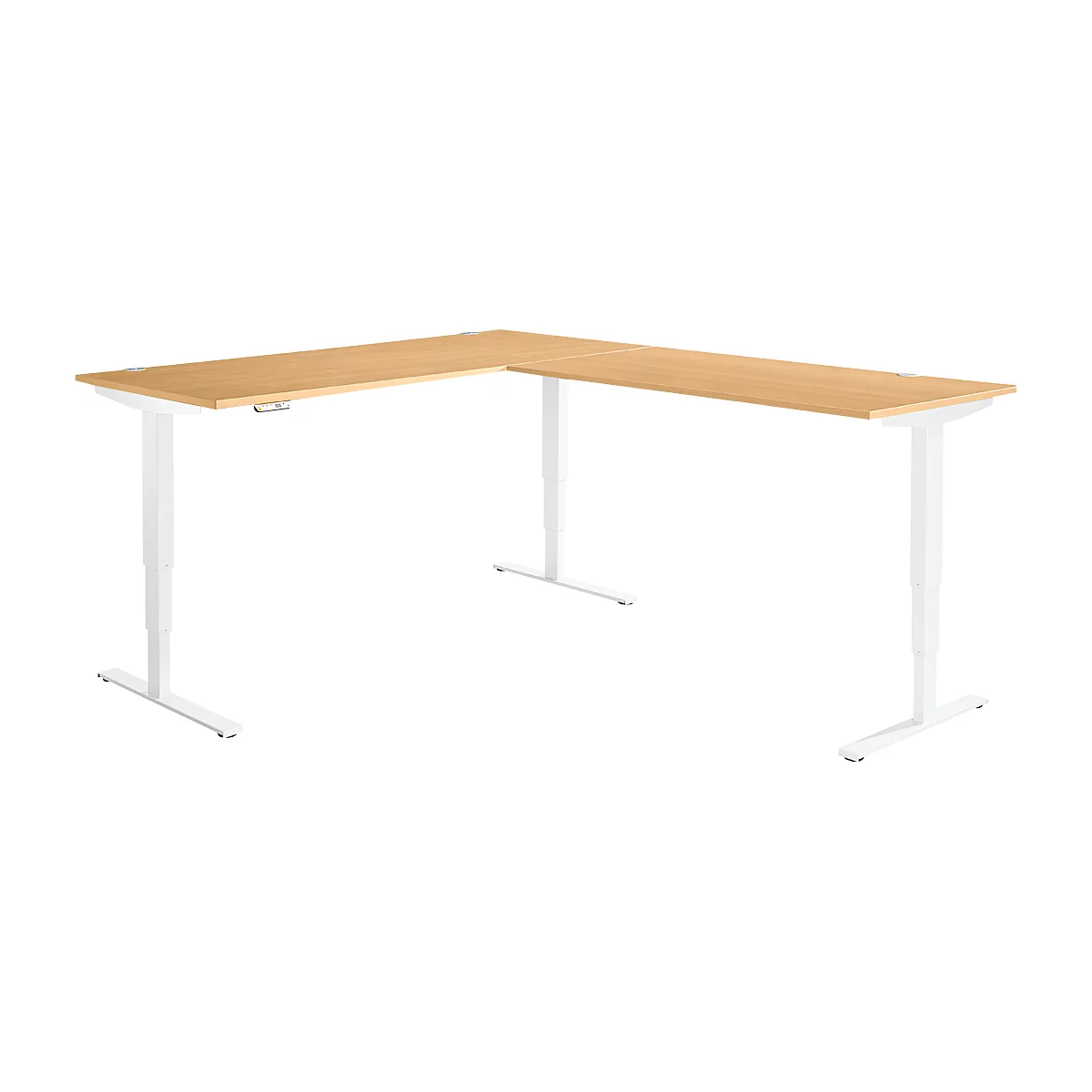 Winkelschreibtisch AERO FLEX, elektrisch höhenverstellbar, 90° Winkel, T-Fuß, B 2000 x T 2400 mm, Buche/weiß + Memorypanel