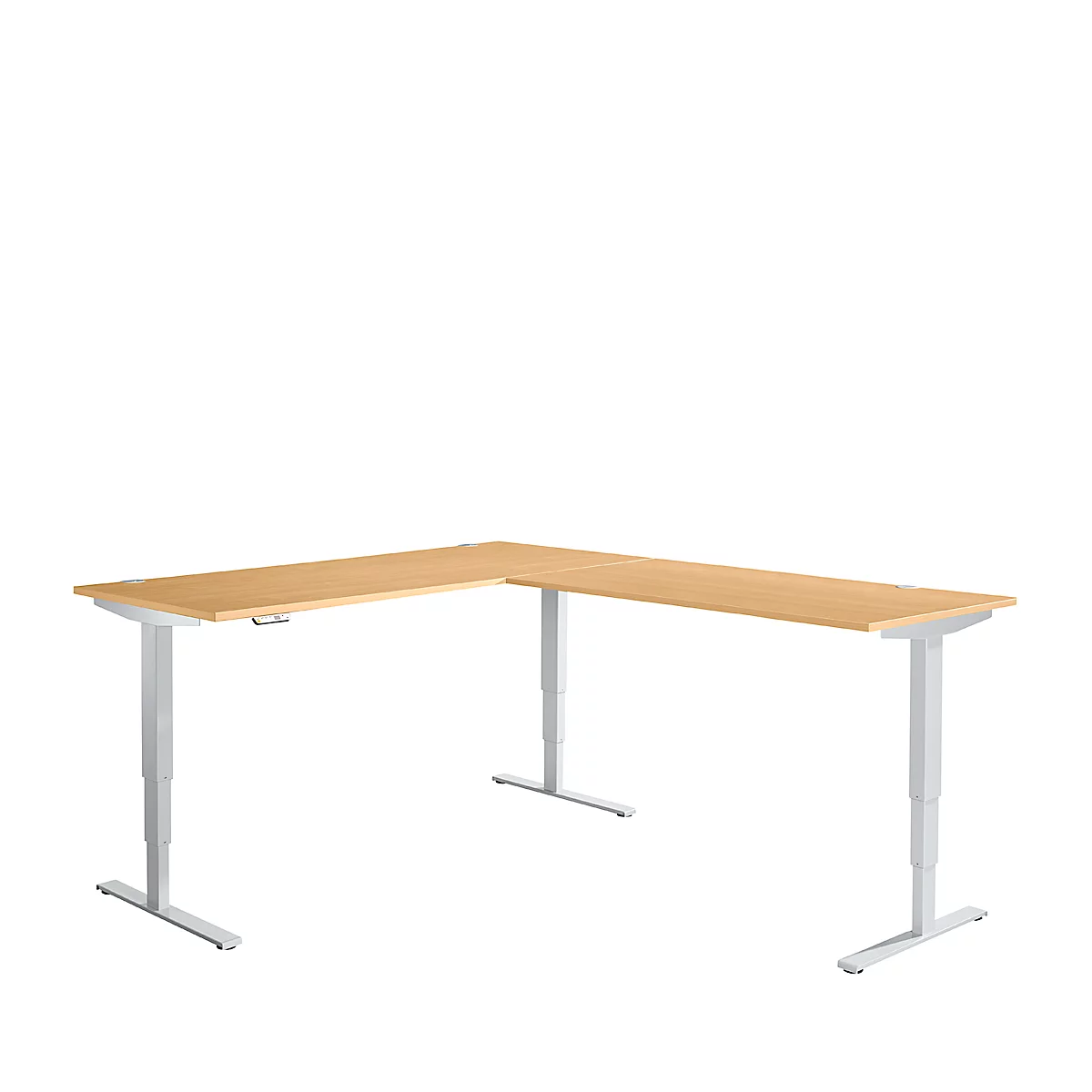 Winkelschreibtisch AERO FLEX, elektrisch höhenverstellbar, 90° Winkel, T-Fuß, B 2000 x T 2400 mm, Buche/weißalu + Memorypanel