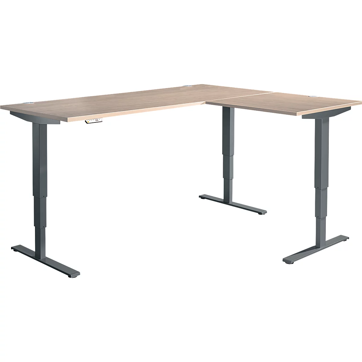 Winkelschreibtisch AERO FLEX, elektrisch höhenverstellbar, 90° Winkel, T-Fuß, B 2000 x T 2400 mm, Eiche/anthrazit + Memorypanel