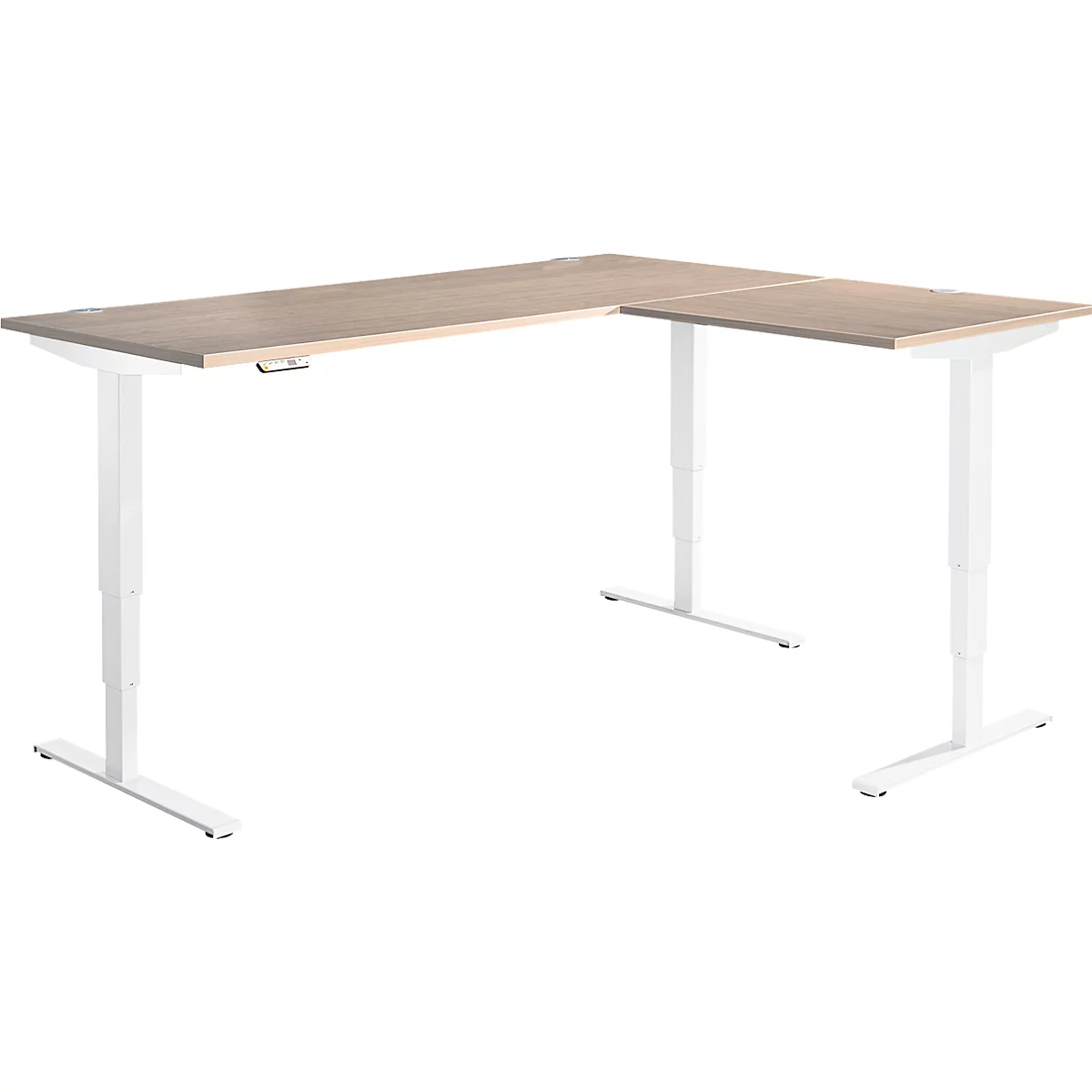 Winkelschreibtisch AERO FLEX, elektrisch höhenverstellbar, 90° Winkel, T-Fuß, B 2000 x T 2400 mm, Eiche/weiß + Memorypanel