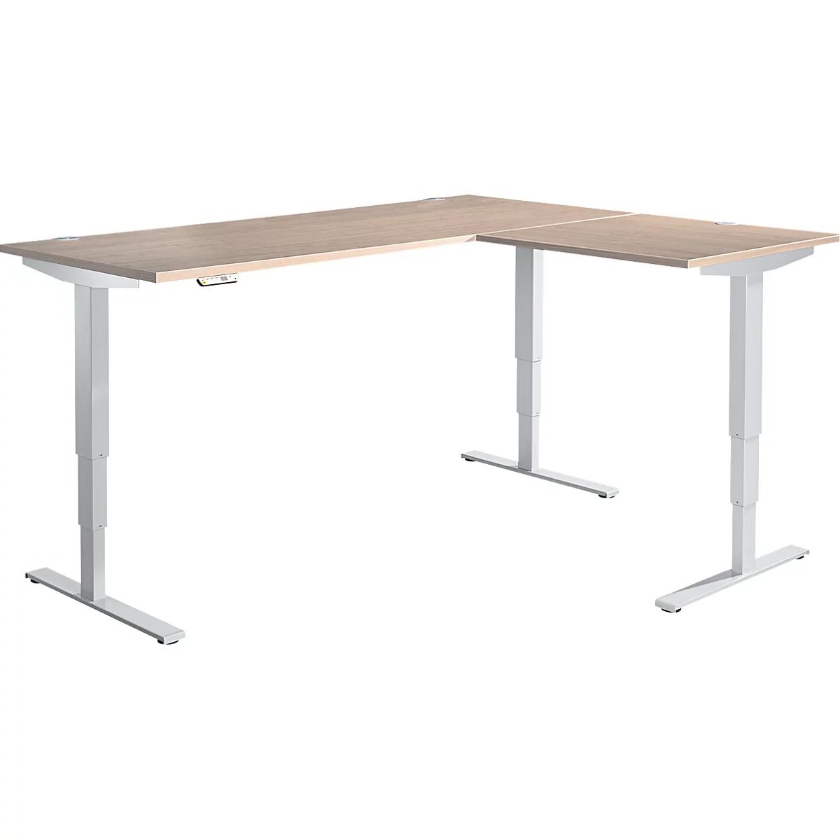 Winkelschreibtisch AERO FLEX, elektrisch höhenverstellbar, 90° Winkel, T-Fuß, B 2000 x T 2400 mm, Eiche/weißalu + Memorypanel