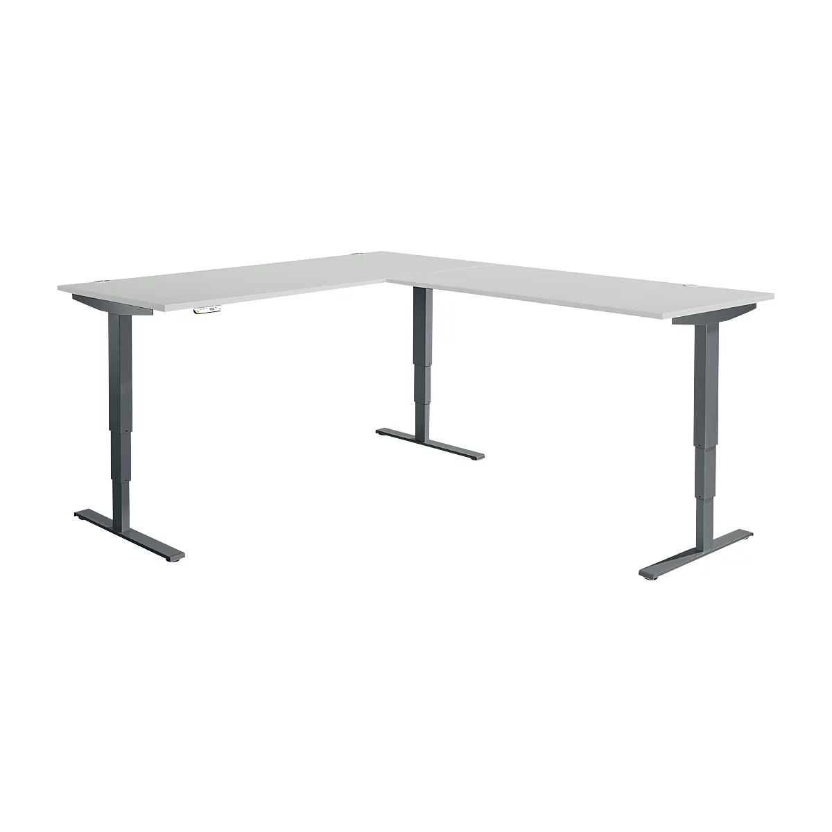 Winkelschreibtisch AERO FLEX, elektrisch höhenverstellbar, 90° Winkel, T-Fuß, B 2000 x T 2400 mm, lichtgrau/anthrazit + Memorypanel