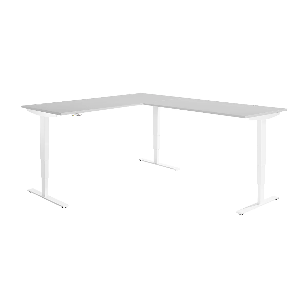 Winkelschreibtisch AERO FLEX, elektrisch höhenverstellbar, 90° Winkel, T-Fuß, B 2000 x T 2400 mm, lichtgrau/weiß + Memorypanel