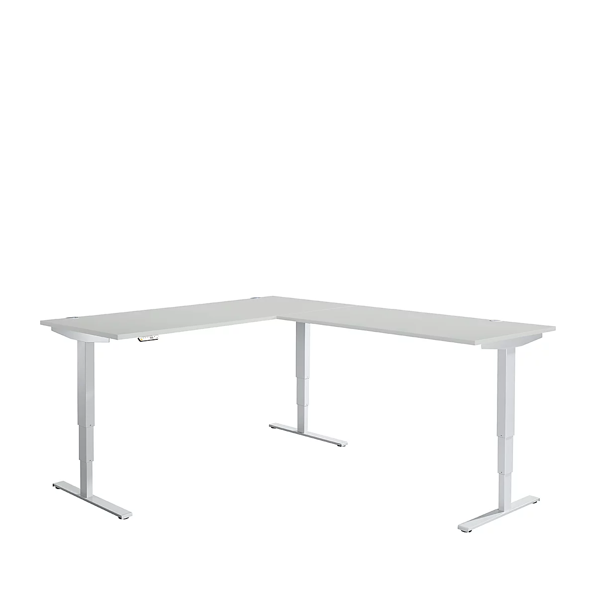 Winkelschreibtisch AERO FLEX, elektrisch höhenverstellbar, 90° Winkel, T-Fuß, B 2000 x T 2400 mm, lichtgrau/weißalu + Memorypanel