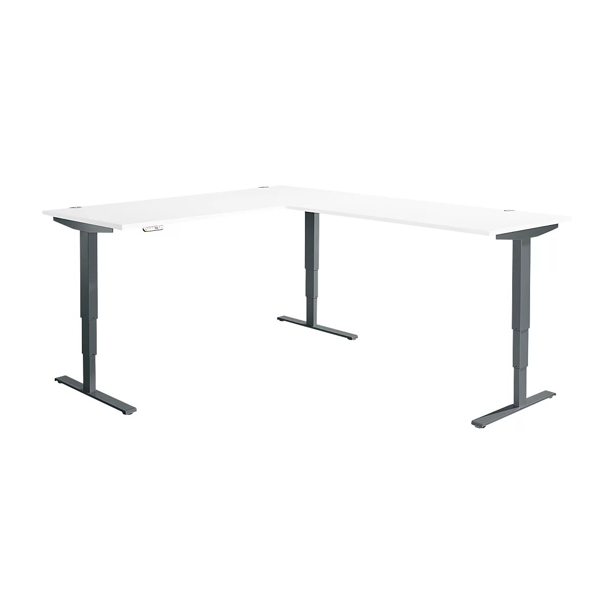Winkelschreibtisch AERO FLEX, elektrisch höhenverstellbar, 90° Winkel, T-Fuß, B 2000 x T 2400 mm, weiß/anthrazit + Memorypanel