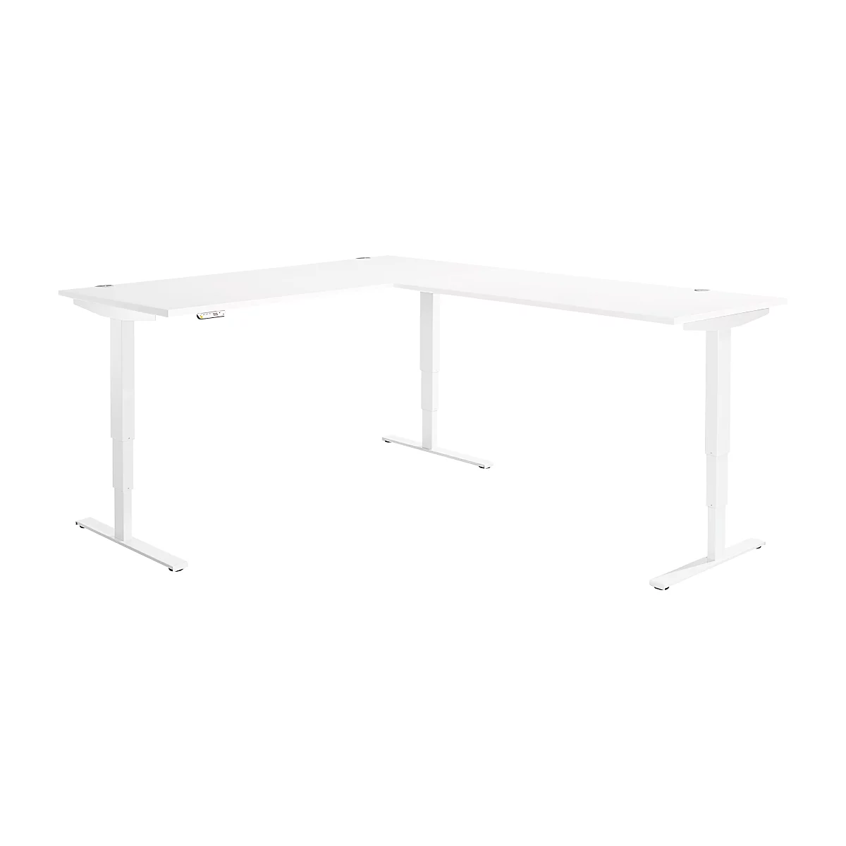 Winkelschreibtisch AERO FLEX, elektrisch höhenverstellbar, 90° Winkel, T-Fuß, B 2000 x T 2400 mm, weiß/weiß + Memorypanel