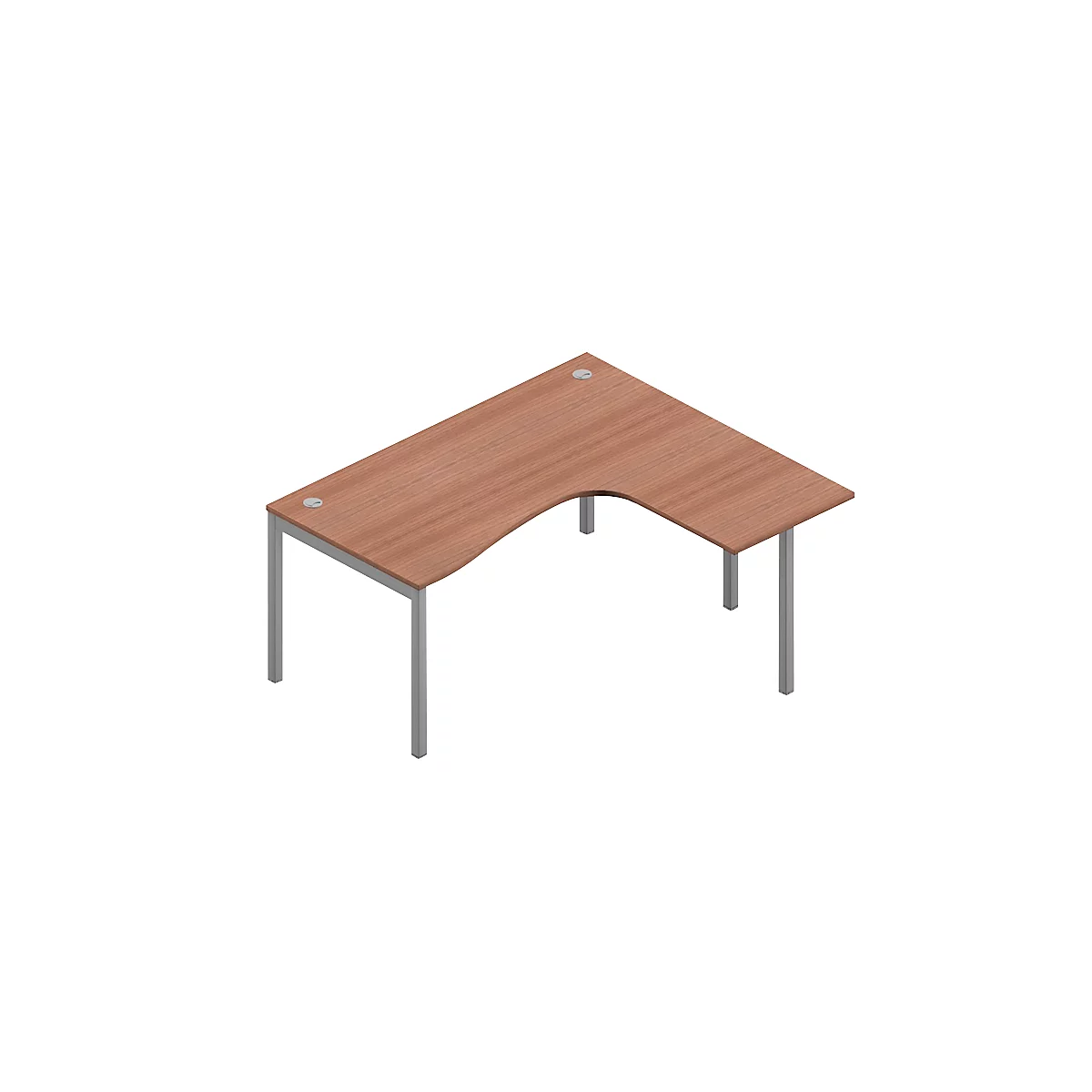 Ein L-förmiger Schreibtisch mit brauner Holzplatte und grauen Metallbeinen steht auf weissem Hintergrund.