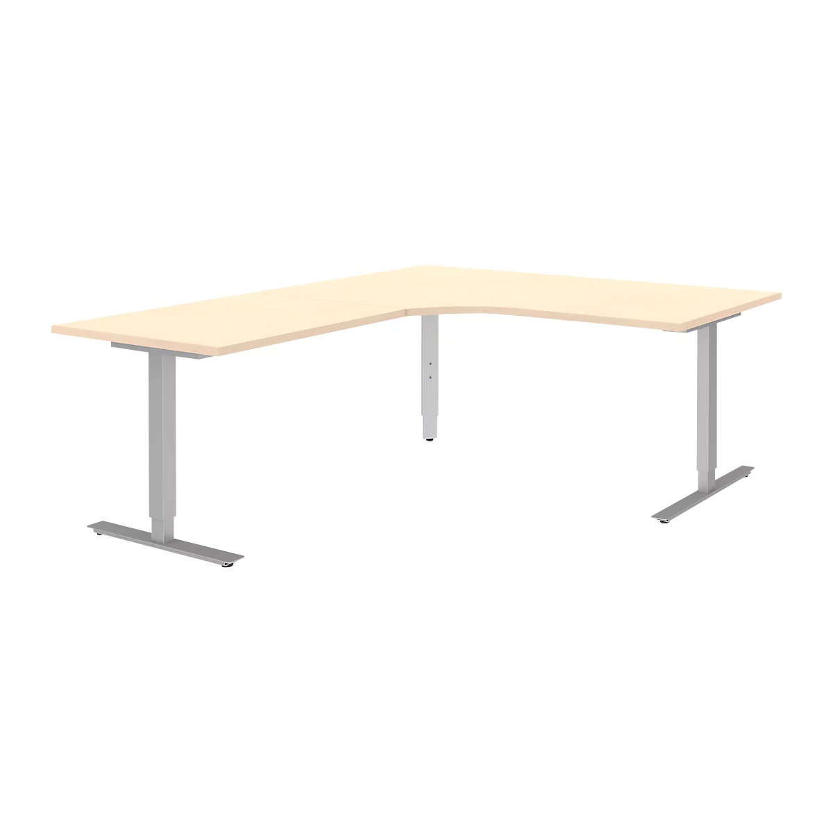 Winkelschreibtisch BARI 90°, T-Fuß, Freiformtisch, Winkel links, B 1800 x T 1000/800 x H 680-820 mm, Ahorn/Alu