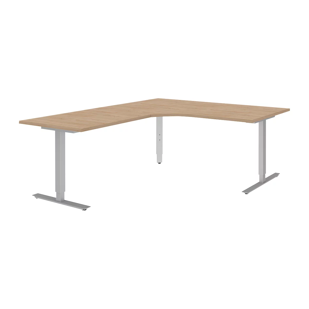 Winkelschreibtisch BARI 90°, T-Fuß, Freiformtisch, Winkel links, B 1800 x T 1000/800 x H 680-820 mm, Eiche/Alu