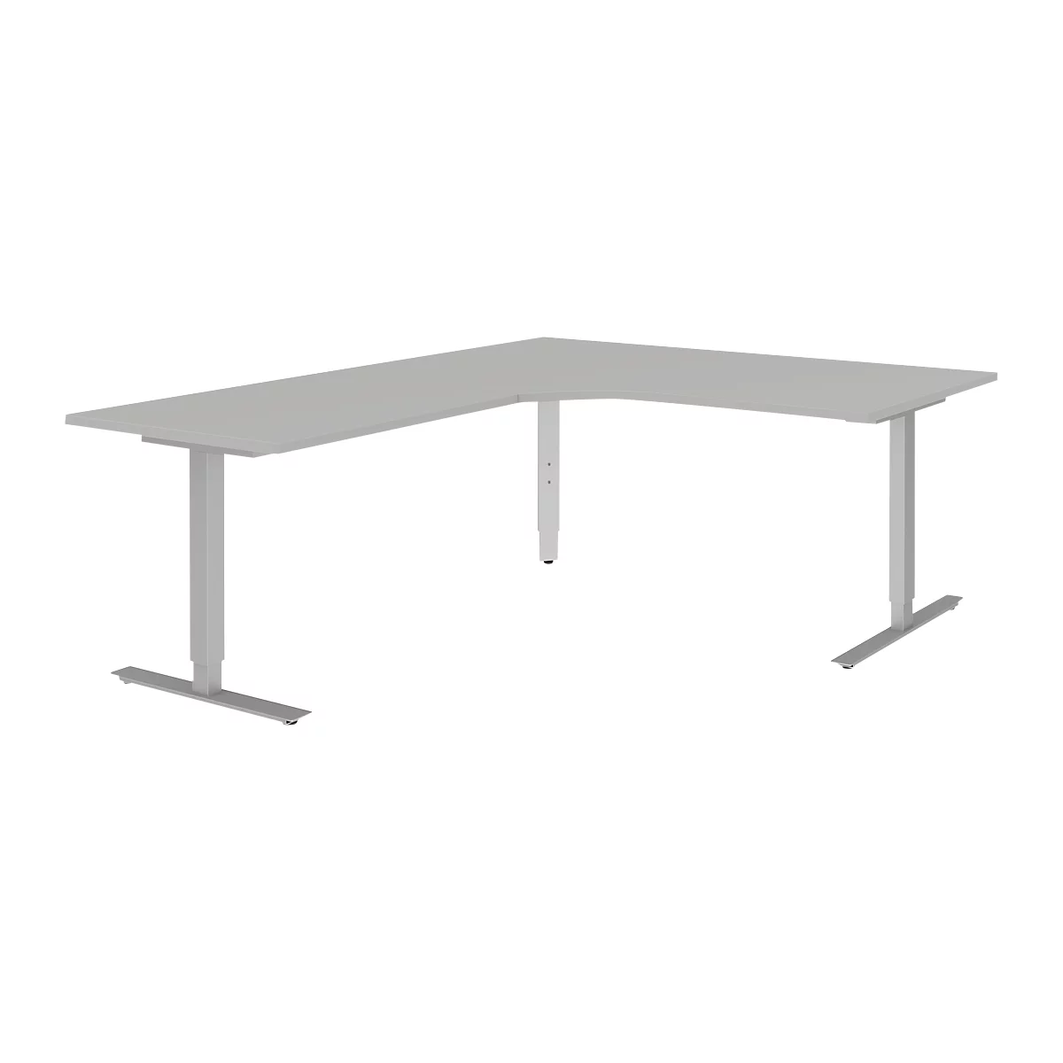 Winkelschreibtisch BARI 90°, T-Fuß, Freiformtisch, Winkel links, B 1800 x T 1000/800 x H 680-820 mm, hellgrau/Alu