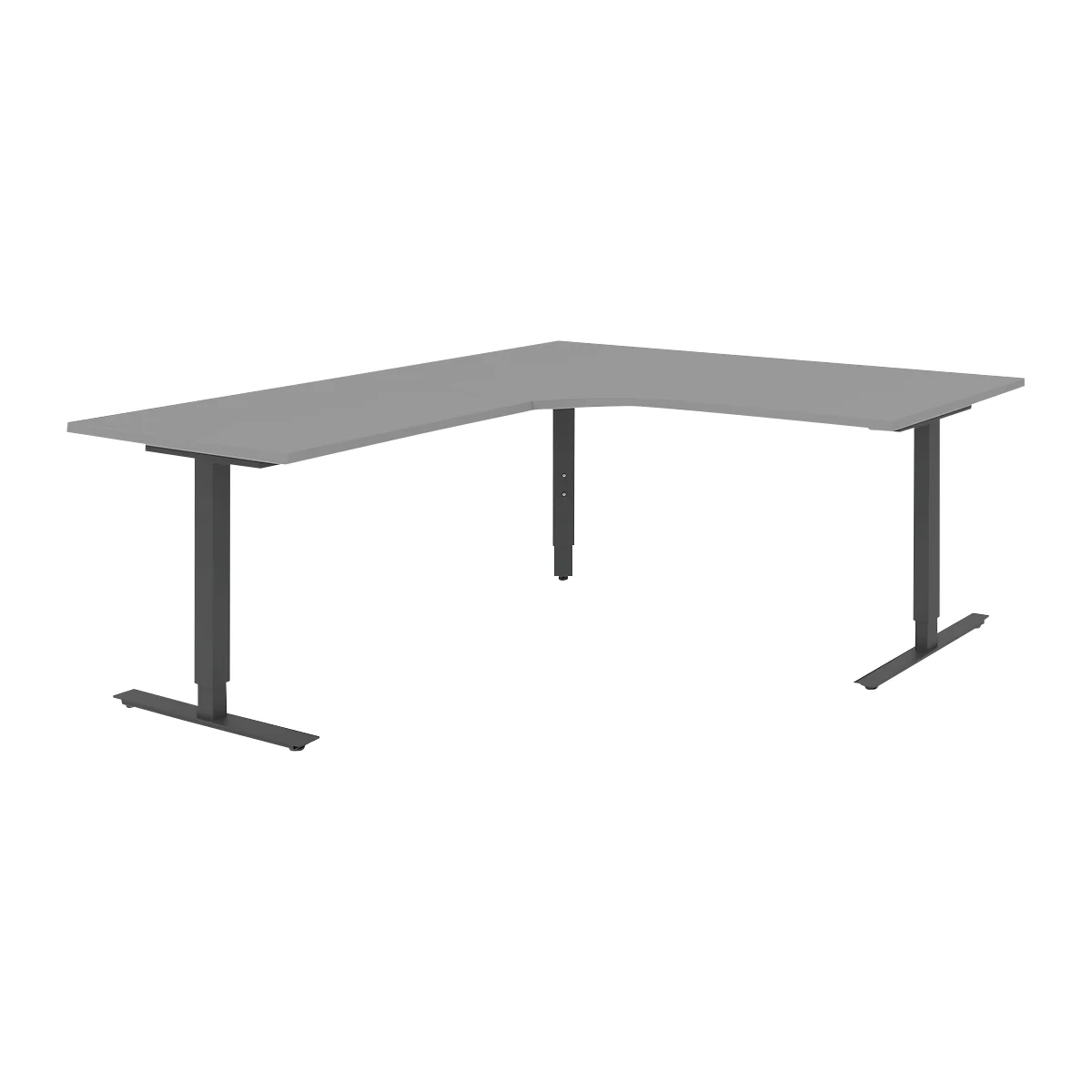 Winkelschreibtisch BARI 90°, T-Fuß, Freiformtisch, Winkel links, B 1800 x T 1000/800 x H 680-820 mm, mittelgrau/anthrazit