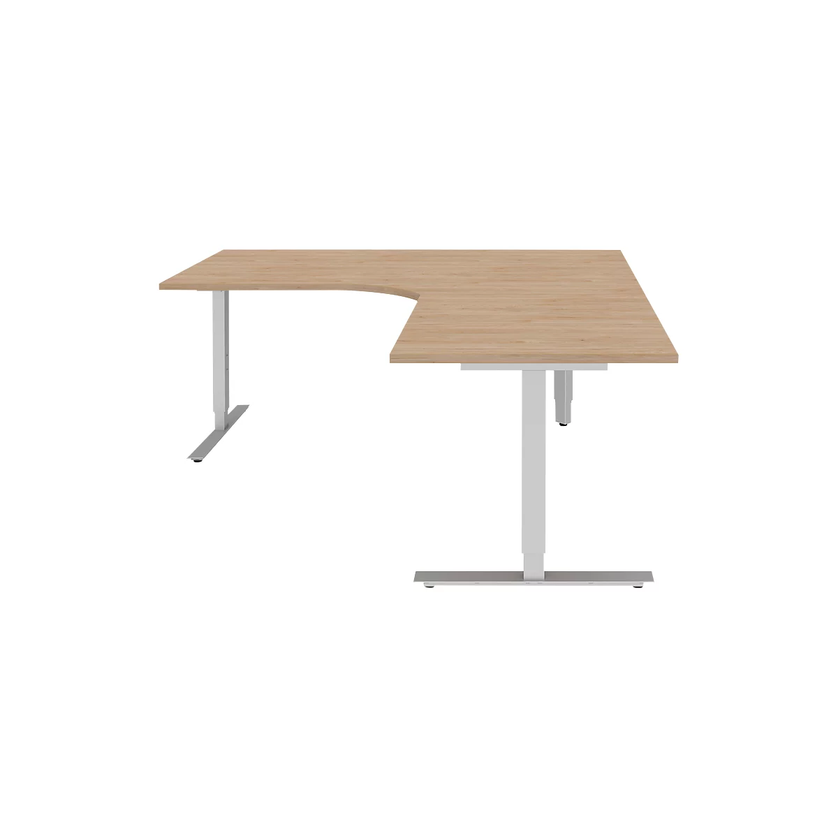 Winkelschreibtisch BARI 90°, T-Fuß, Freiformtisch, Winkel rechts, B 1800 x T 1000/800 x H 680-820 mm, Eiche/Alu