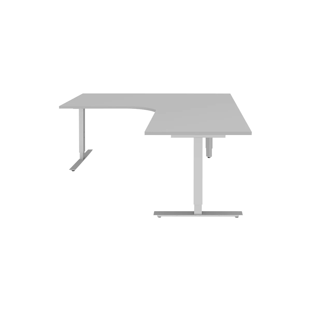 Winkelschreibtisch BARI 90°, T-Fuß, Freiformtisch, Winkel rechts, B 1800 x T 1000/800 x H 680-820 mm, hellgrau/Alu