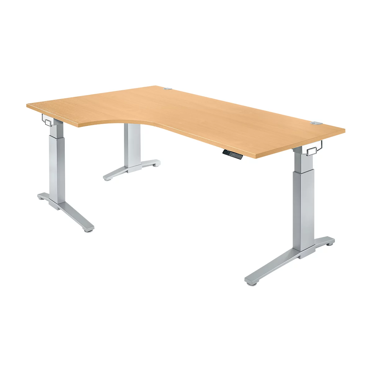 Winkelschreibtisch PLANOVA ERGOSTYLE, elektr. höhenverstellbar, 90° Winkel links, B 2000 x H 715-1182 mm, Buche/weißalu + Memory Master
