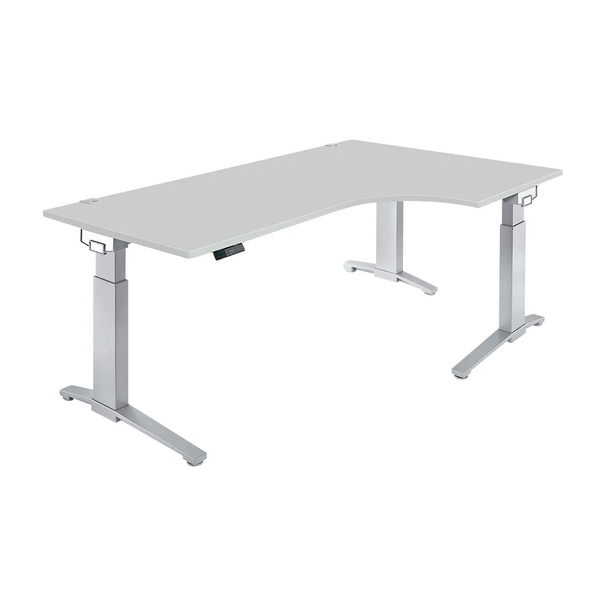 Winkelschreibtisch PLANOVA ERGOSTYLE, elektr. höhenverstellbar, 90° Winkel rechts, B 2000 x H 715-1182 mm, lichtgrau/weißalu + Memory Master
