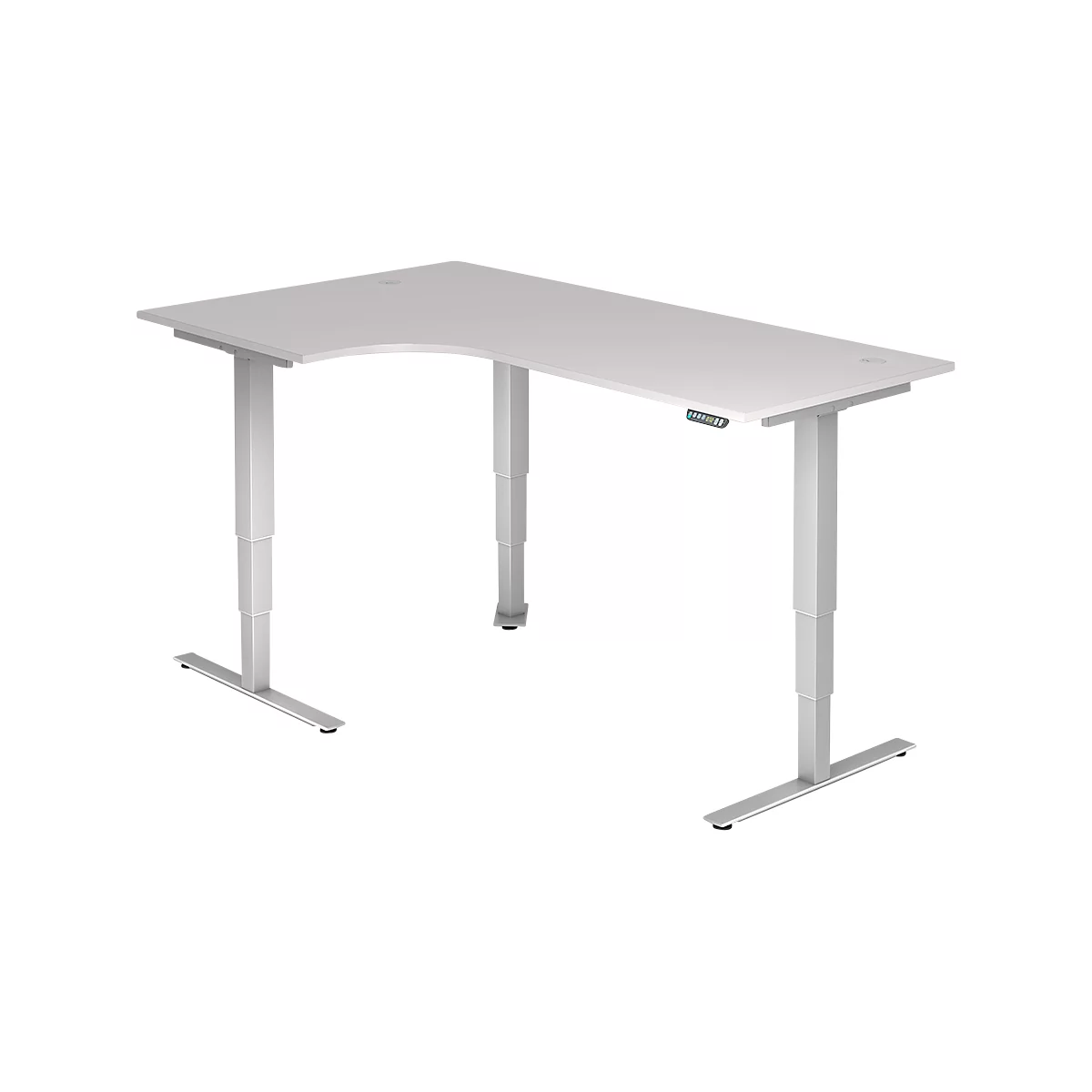 Winkelschreibtisch ULM, elektrisch höhenverstellbar, 90° Winkel links, T-Fuß, B 2000 x T 1200 x H 625-1275 mm, lichtgrau/weißalu + Memoryschalter