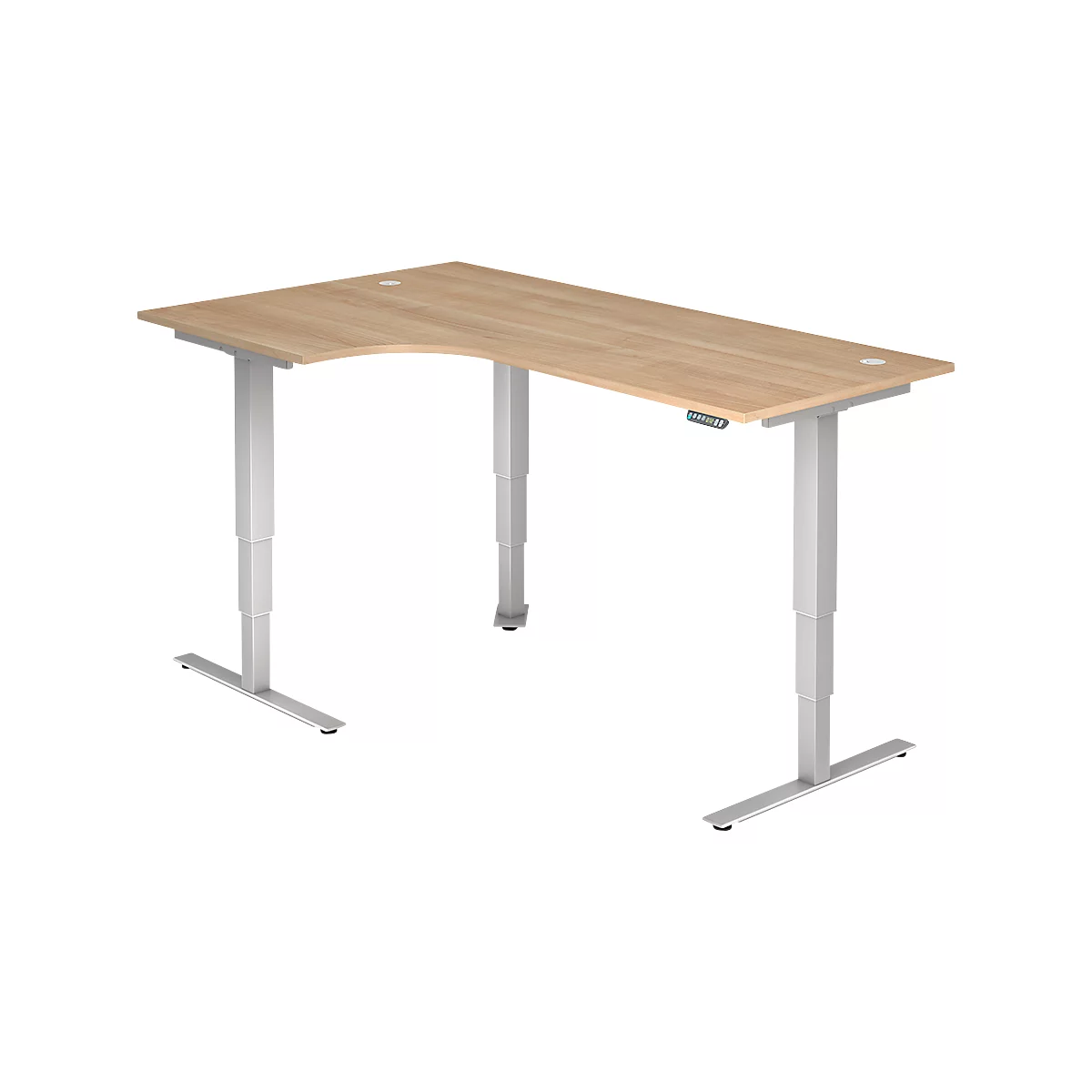 Winkelschreibtisch ULM, elektrisch höhenverstellbar, 90° Winkel links, T-Fuß, B 2000 x T 1200 x H 625-1275 mm, Nussbaum/weißalu + Memoryschalter
