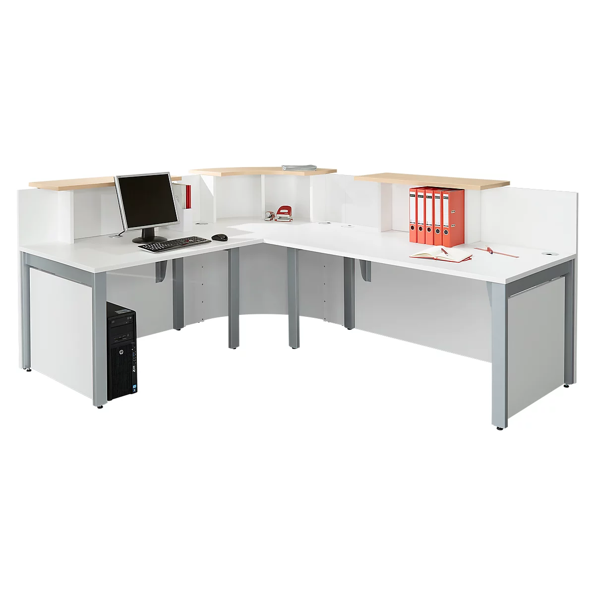 Winkeltheke Come-In, rund, L 2125 x B 2525 mm, weiß, 3 Ablagen in Ahorn-Dekor, Eckelement weiß