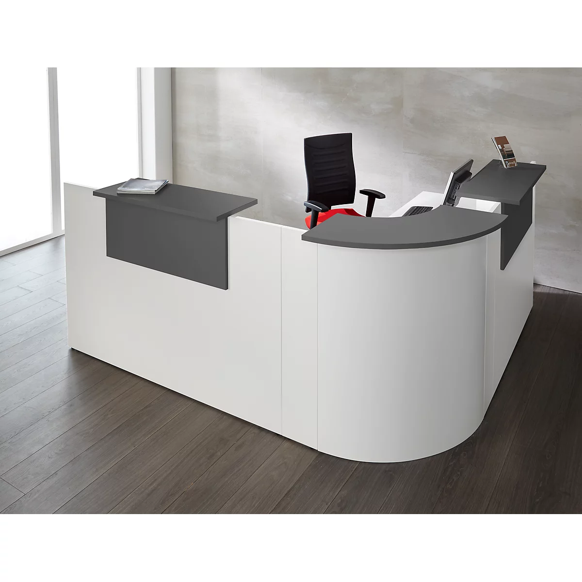 Winkeltheke Come-In, rund, L 2125 x B 2525 mm, weiss, 3 Ablagen in Graphit, Eckelement weiss 