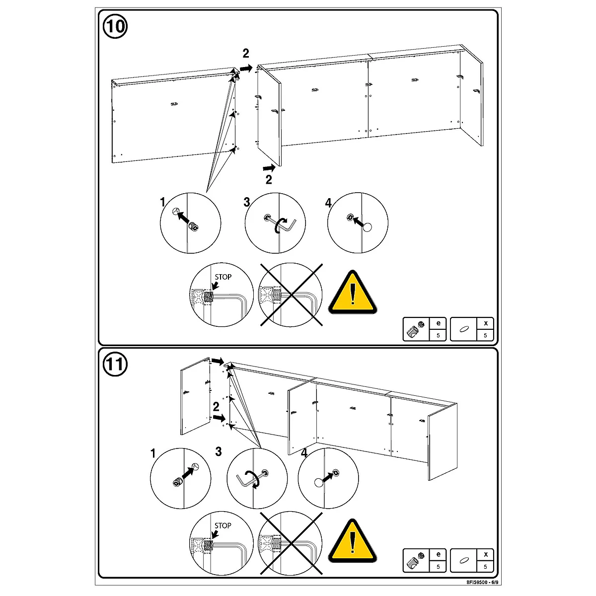 Montageanleitung Schritt 10 und 11: Verbindung von Möbelplatten mit Schrauben und Warnhinweis für korrekte Ausrichtung.