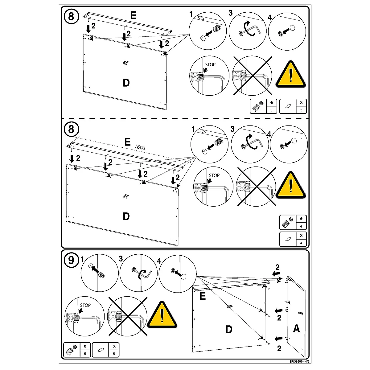 Montageanleitung in drei Schritten mit Pfeilen, Schrauben-Icons und Warnsymbolen zur korrekten Installation von Bauteilen.