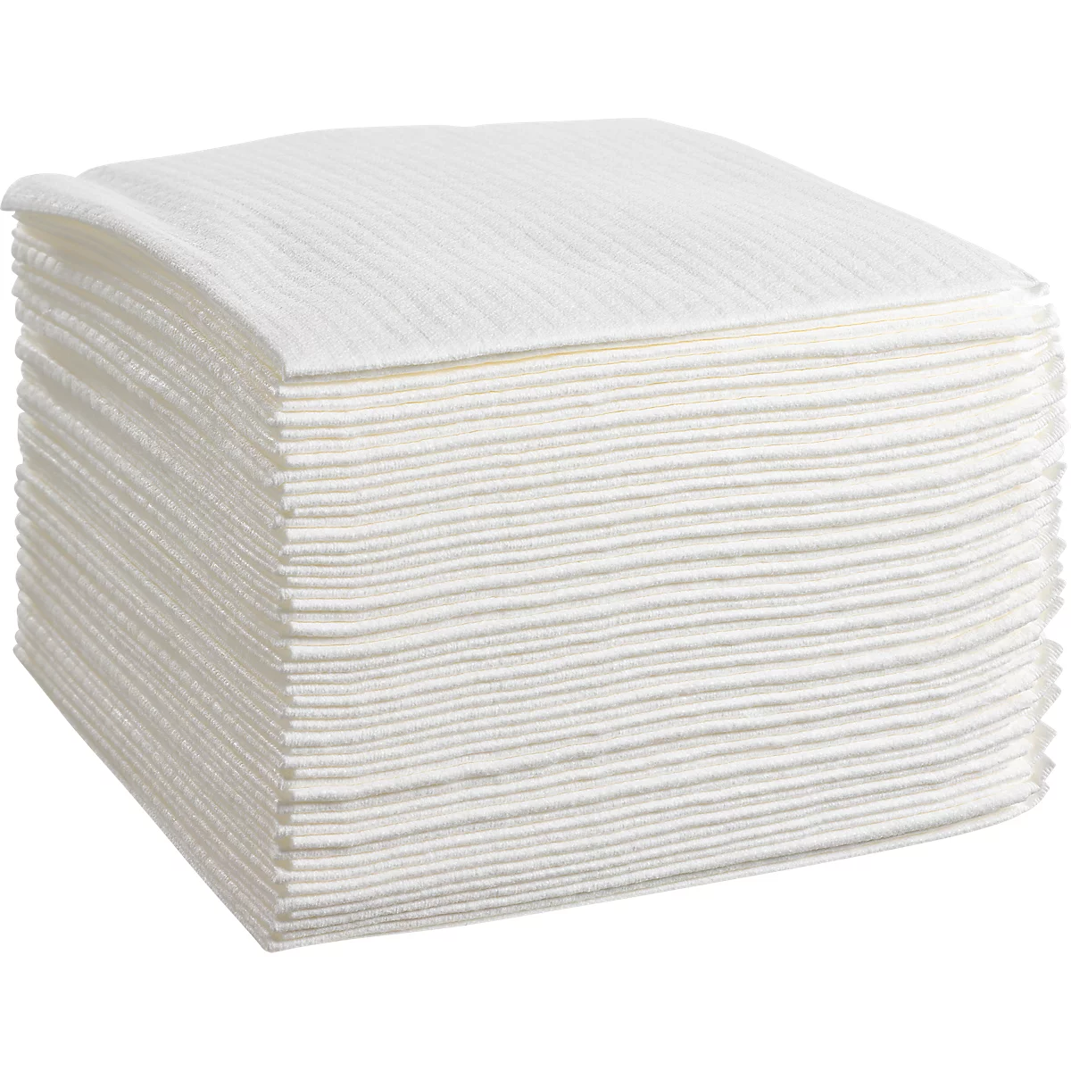 A stack of white napkins, folded and stacked. The surface has a fine texture.