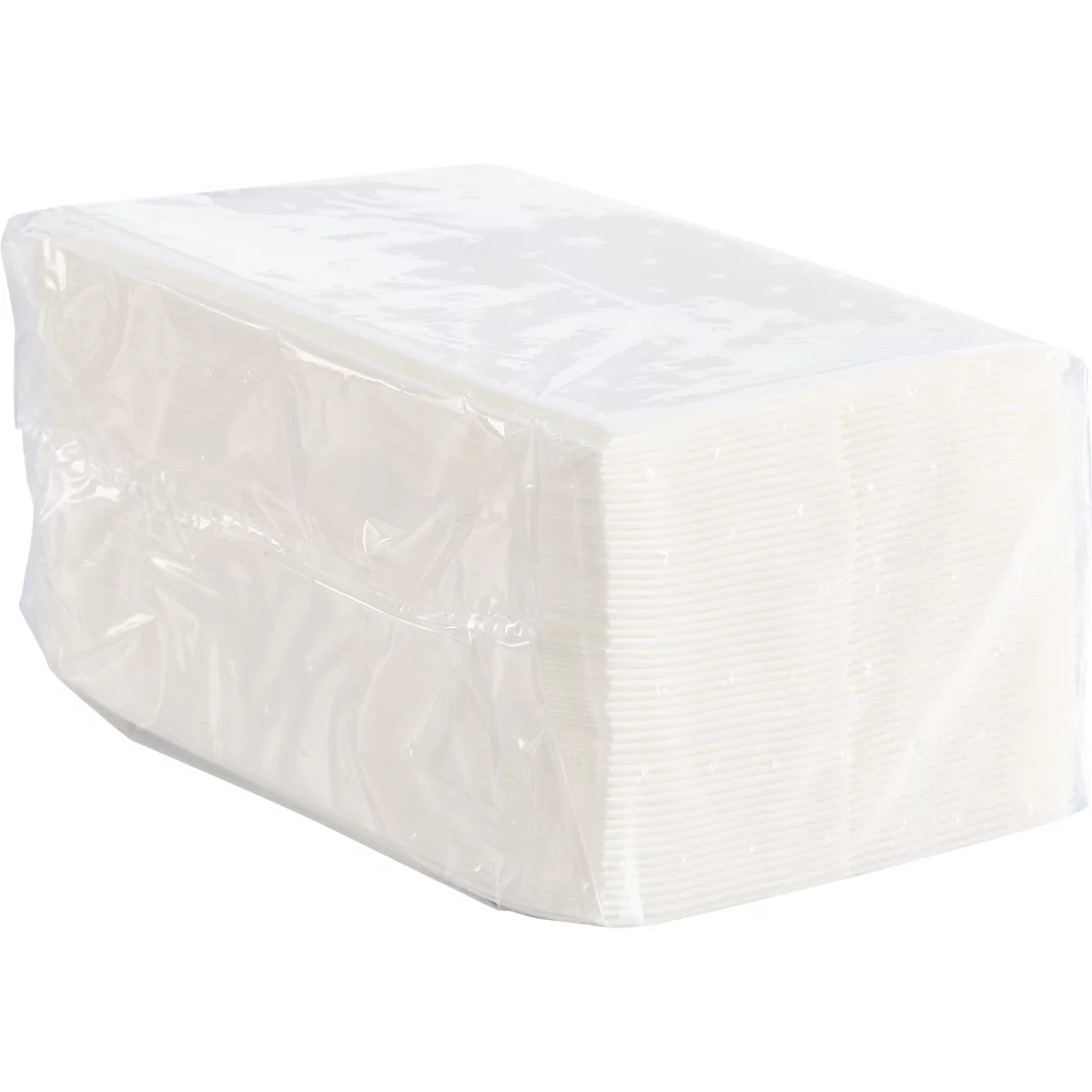 Een verpakte bundel papieren tissues in heldere plasticfolie.