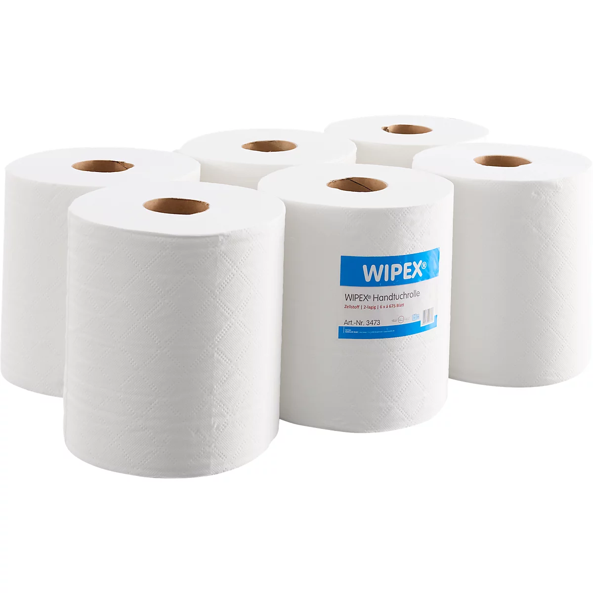 Zes witte papieren rollen, sommige met 'WIPEX' bedrukt op een blauw etiket.